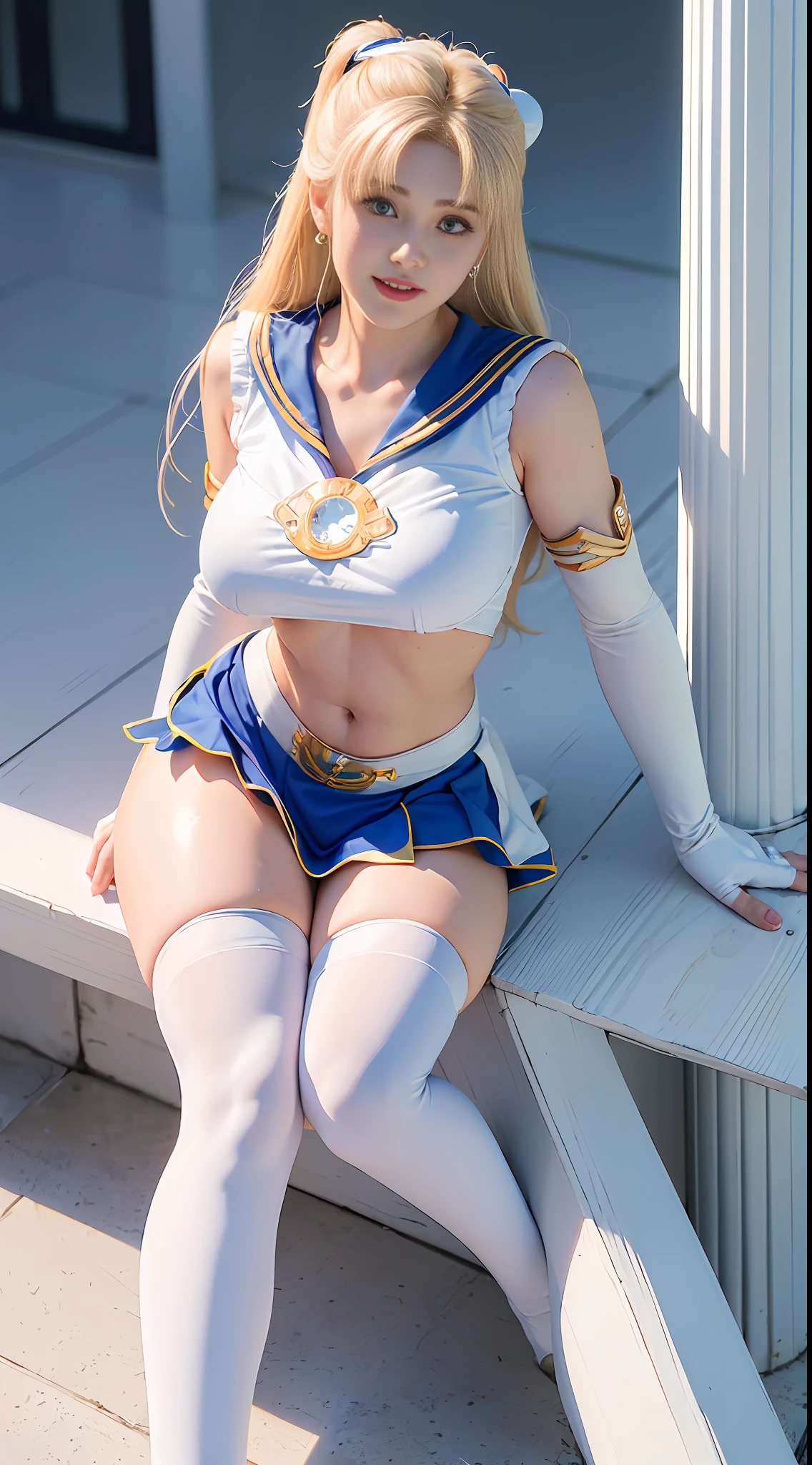 (Best Quality, Ultra High Resolution, Masterpiece, RAW Photo, Realism: 1.6), 16K, ((Sailor Moon Sailor Moon Costume: 3)) from Sailor Moon, (1girl with open navel), (huge: 2, thick thighs: 3), (blue miniskirt: 2, long white blonde hair: 1.8, white stockings, mature smile), sitting on white background