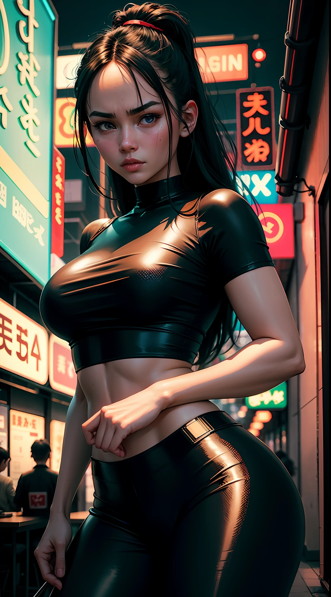 Videl Dragonball, serious face, white t-shirt, black leggings, original black long hair, long eyelashes, beautiful eyes with brightness, surrealism, shadow, stereogram, (photorealistic, realistic: 1.2), POV, atmospheric perspective, cinematic lighting, ray tracing, 8k, super detail, best quality, masterpiece, well detailed, (Canan EOS R6, 135mm, 1/1250s, f/2.8, ISO 400:0.9), cyberpunk, neon, neon signs, ramen shops