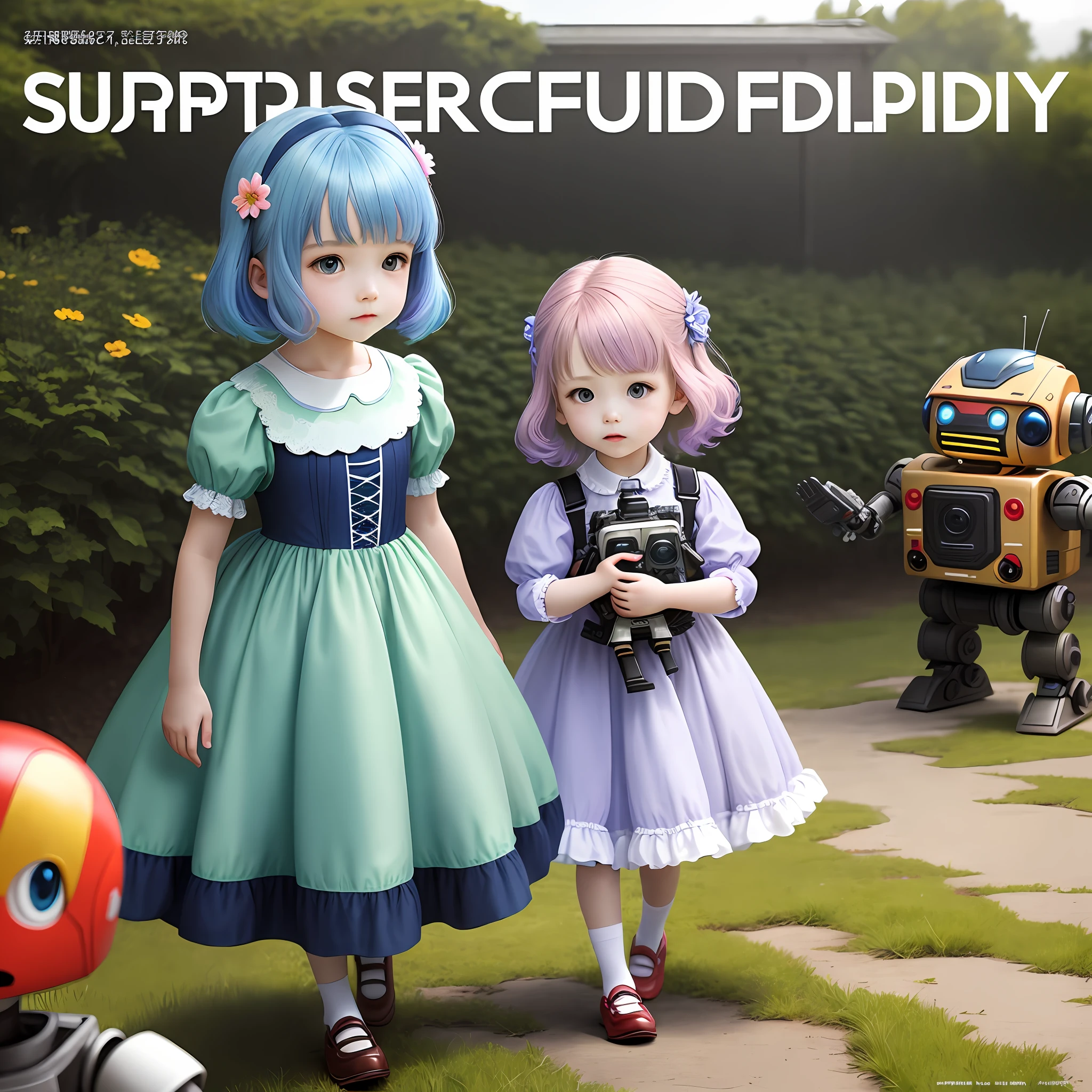 Masterpiece, superlative, spring dress, colored hair, outdoors, magazine cover, Children's Day atmosphere, upper body, holding robot toy in hand