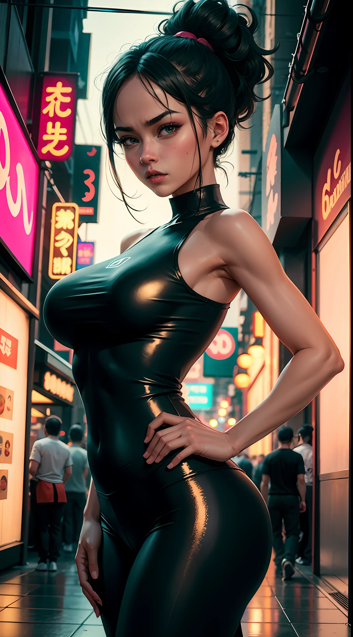 Videl Dragonball, serious face, white t-shirt, black leggings, original black long hair, long eyelashes, beautiful eyes with brightness, surrealism, shadow, stereogram, (photorealistic, realistic: 1.2), POV, atmospheric perspective, cinematic lighting, ray tracing, 8k, super detail, best quality, masterpiece, well detailed, (Canan EOS R6, 135mm, 1/1250s, f/2.8, ISO 400:0.9), cyberpunk, neon, neon signs, ramen shops