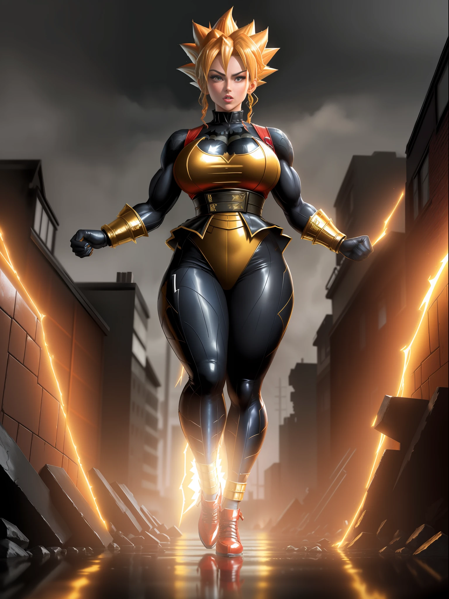 ((Full body)), ((1 girl in maid costume/Batman/Spider-Man, huge breasts, strong musculature)), front, looking at the viewer, furious, Super Saiyan 2 Red hair, red eyes, (((Super Saiyan 2 appearance)), completely wet body and clothes, destroyed city background with heavy rain and flood, anime, ((Super Saiyan Ultra Instinct)), Dragon Ball, mortal kombat, masterpiece, (16k:1.6), (high details: 1.6), (high quality: 1.6), (maximum resolution: 1.6)