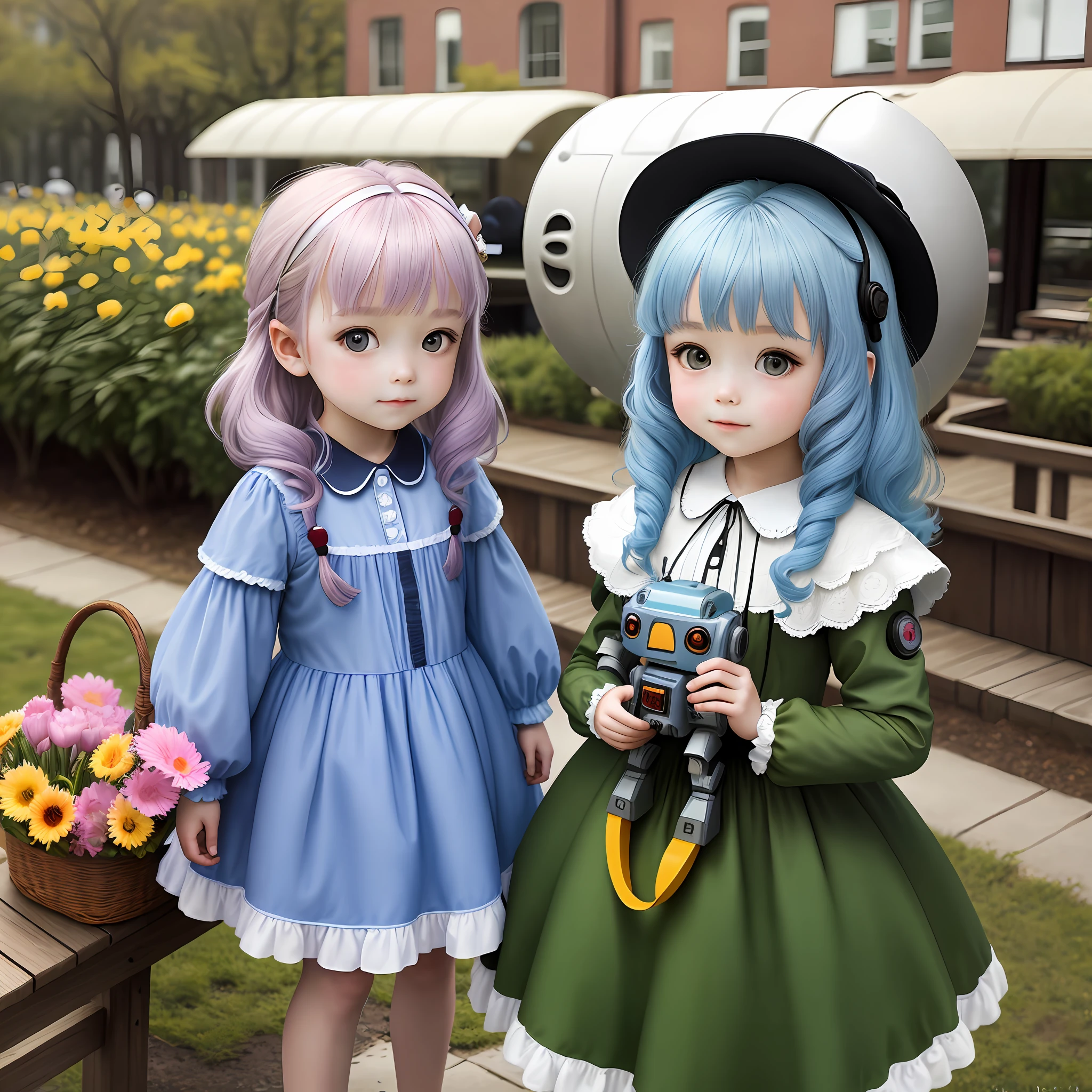 Masterpiece, superlative, spring dress, colored hair, outdoors, magazine cover, Children's Day atmosphere, upper body, holding robot toy in hand