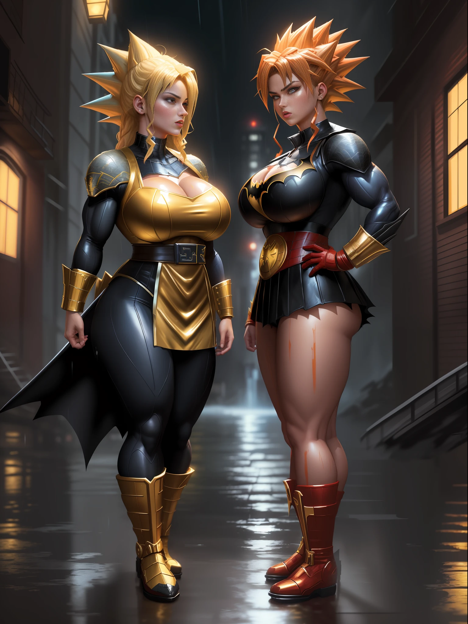 ((Full body)), ((1 girl in maid costume/Batman/Spider-Man, huge breasts, strong musculature)), front, looking at the viewer, furious, Super Saiyan 2 Red hair, red eyes, (((Super Saiyan 2 appearance)), completely wet body and clothes, destroyed city background with heavy rain and flood, anime, ((Super Saiyan Ultra Instinct)), Dragon Ball, mortal kombat, masterpiece, (16k:1.6), (high details: 1.6), (high quality: 1.6), (maximum resolution: 1.6)