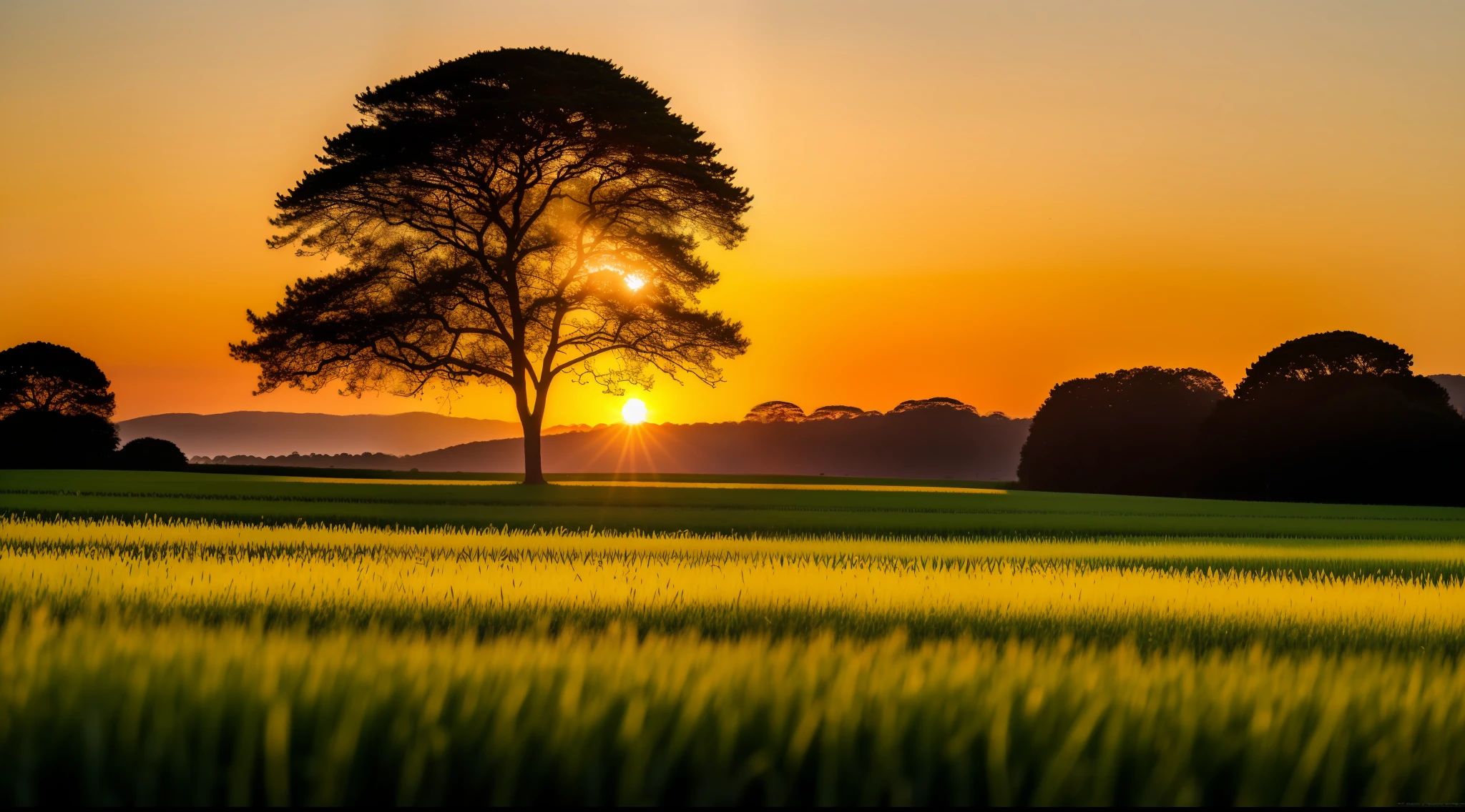 A stunning landscape of one (sunrise) in a verdant field, 8k uhd, dslr, soft lighting, high quality, film grain, Fujifilm XT3