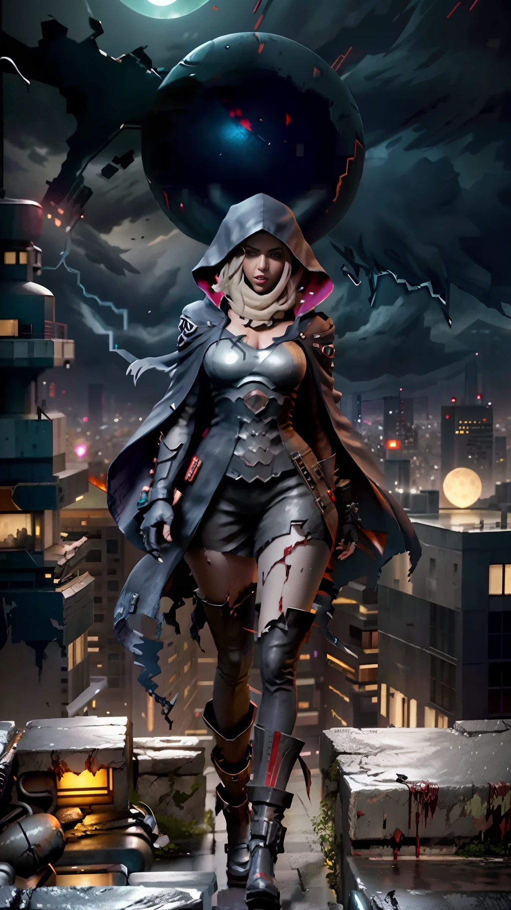 1girl,standing on a ledge overlooking a city at night, stylized urban fantasy art, hooded hooded Sith Lord, digital cyberpunk anime art, blood moon background, wearing hooded science fiction cape, digital cyberpunk - anime art, modern science fiction anime, dark cyberpunk illustration, anime cyberpunk art,  hooded cyberpunk anime girl, during a blood moon,rendered in Unreal Engine, peeled ceilings, broken slabs, steel bars between cracks, realistic material details, extreme details, hyper-realistic materials, photos of internal ruins, Unreal Engine rendering concept art, broken walls, Unreal Engine art, dramatic lighting. Concept art, rendered in Unreal 5, ((Unreal Engine)), Unreal Engine Art 5