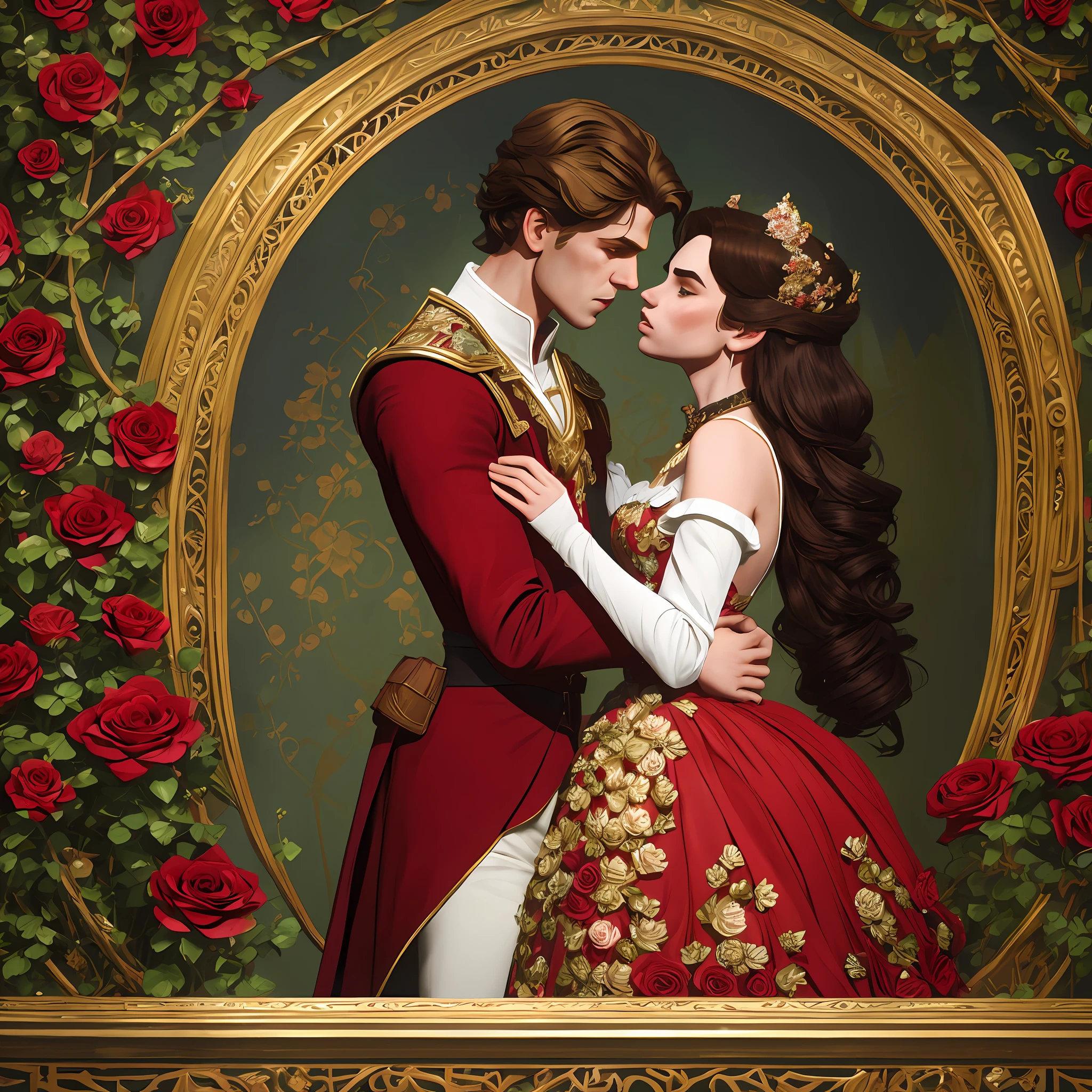 Couple Neels Visser is a prince who has golden blond hair, wears a medieval military outfit and is in love with the commoner Lily Collins, who has curly brunette black hair and wears a red dress, they kiss very affectionately, illustration of a romance book cover with a detailed, smooth, bright background filled with flowers covered in ivy and red roses, ornate gown standing in a bed of roses, rim light, dynamic lighting, etherial lighting, ultra detail, concept art, elegant, surreal, art by Lisa Aisato, Greg Hildebrandt, Citemer Liu, Stjepan Sejic, Samyang, Aykut Aydogdu, Justin Gerard, Alphonse Mucha, Artgerm, WLOP, and Greg Rutkowski