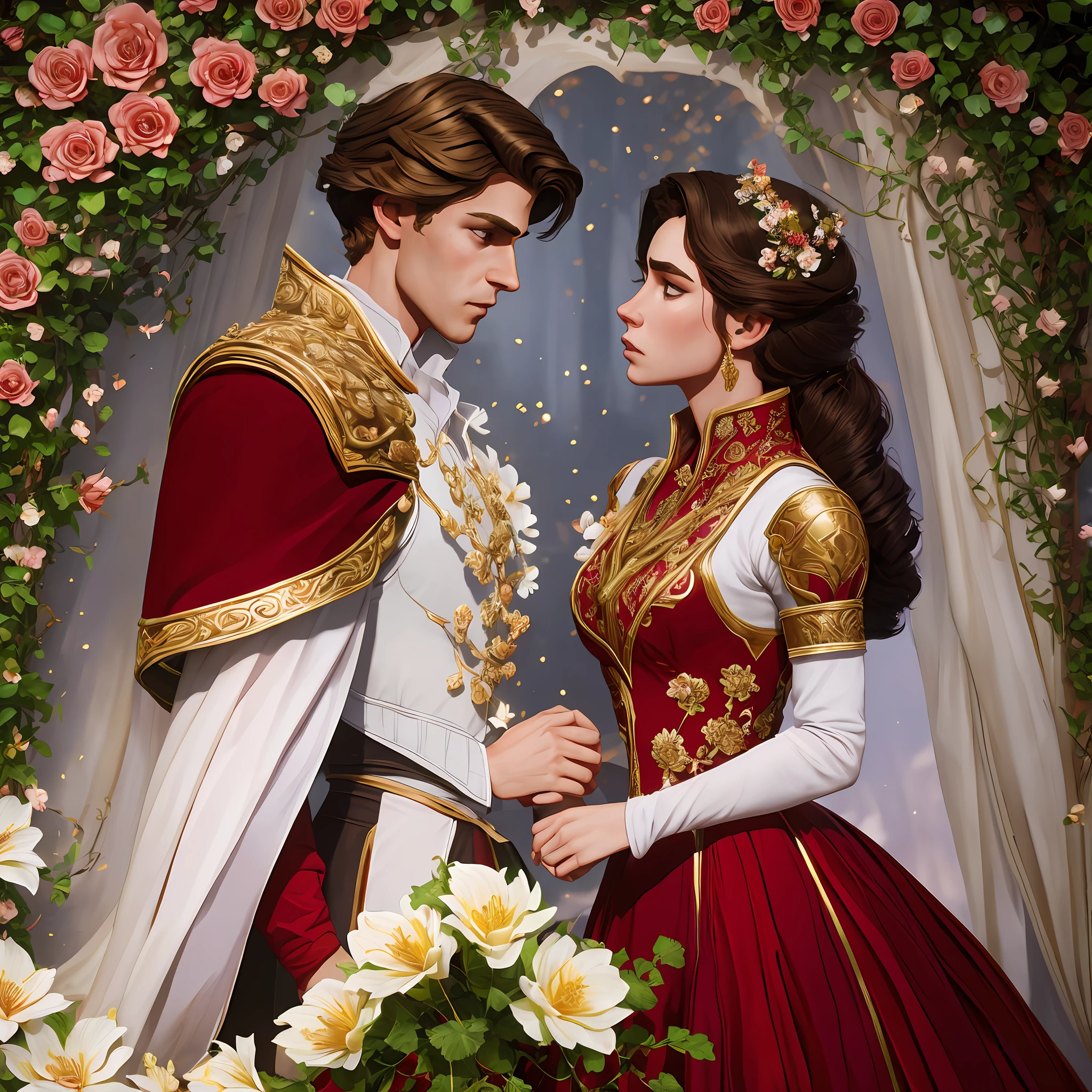 Couple Neels Visser is a prince who has golden blond hair, wears a medieval military outfit and is in love with the commoner Lily Collins, who has curly brunette black hair and wears a red dress, they kiss very affectionately, illustration of a romance book cover with a detailed, smooth, bright background filled with flowers covered in ivy and red roses, ornate gown standing in a bed of roses, rim light, dynamic lighting, etherial lighting, ultra detail, concept art, elegant, surreal, art by Lisa Aisato, Greg Hildebrandt, Citemer Liu, Stjepan Sejic, Samyang, Aykut Aydogdu, Justin Gerard, Alphonse Mucha, Artgerm, WLOP, and Greg Rutkowski