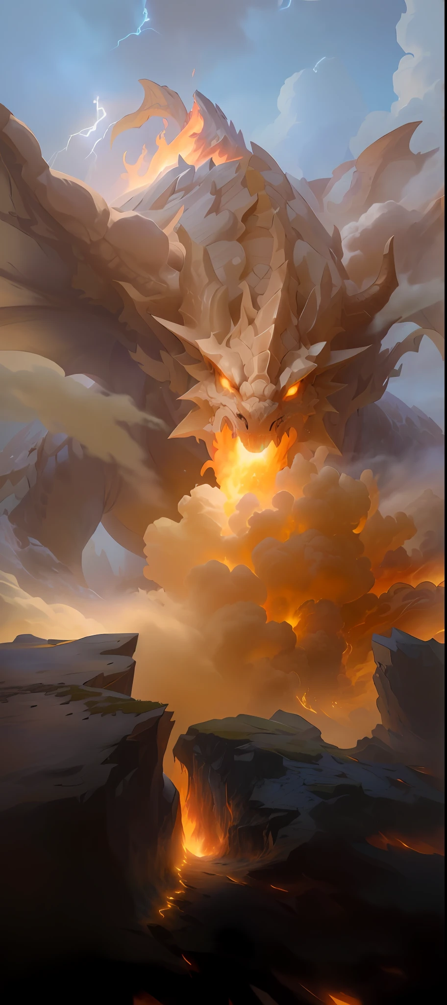 painting of a cloud with a large explosion coming out of it, charging through a dragons lair, ''dragon breathing fire, colossal dragon in background, dragon vore art, dragon breathing fire, dragon blowing fire above, colossal dragon as background, epic dragon, dragon mawshot art, dragon maw, firebreathing dragon, full art, fire dragon, lightning dragons attack, collectible card art