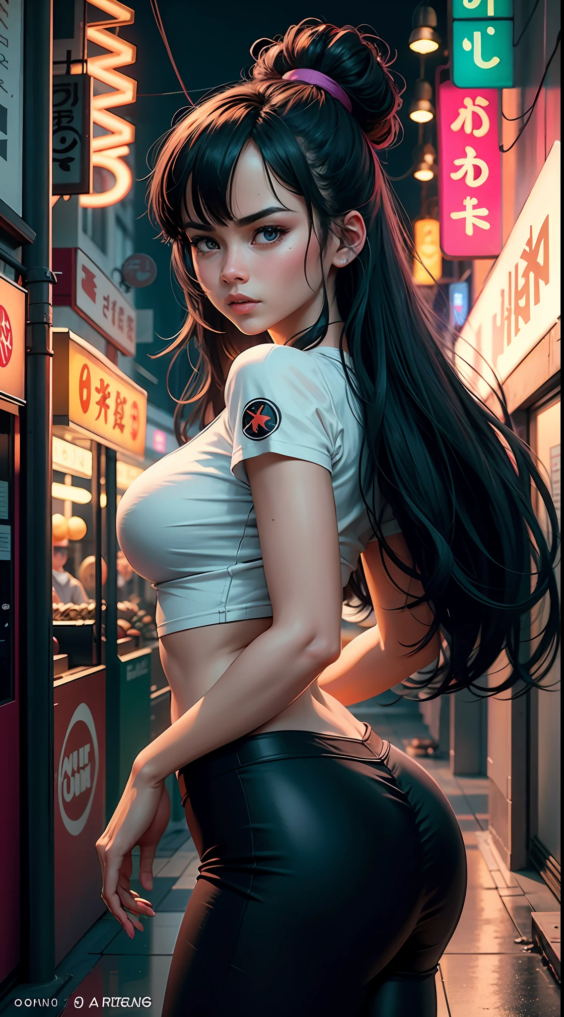 Videl Dragonball, serious face, white t-shirt, black leggings, original black long hair, long eyelashes, beautiful eyes with brightness, surrealism, shadow, stereogram, (photorealistic, realistic: 1.2), POV, atmospheric perspective, cinematic lighting, ray tracing, 8k, super detail, best quality, masterpiece, well detailed, (Canan EOS R6, 135mm, 1/1250s, f/2.8, ISO 400:0.9), cyberpunk, neon, neon signs, ramen shops