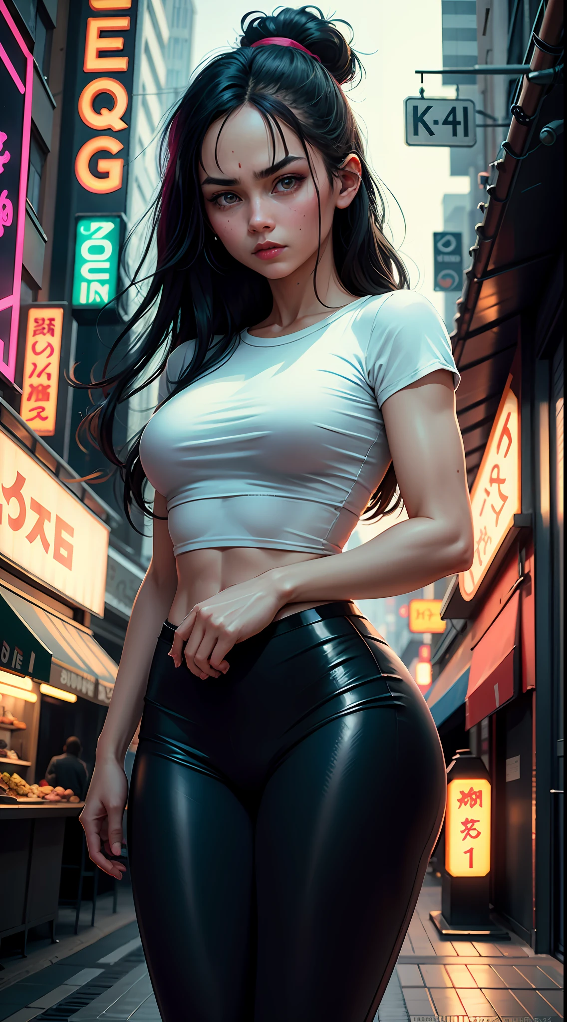 Videl Dragonball, serious face, white t-shirt, black leggings, original black long hair, long eyelashes, beautiful eyes with brightness, surrealism, shadow, stereogram, (photorealistic, realistic: 1.2), POV, atmospheric perspective, cinematic lighting, ray tracing, 8k, super detail, best quality, masterpiece, well detailed, (Canan EOS R6, 135mm, 1/1250s, f/2.8, ISO 400:0.9), cyberpunk, neon, neon signs, ramen shops