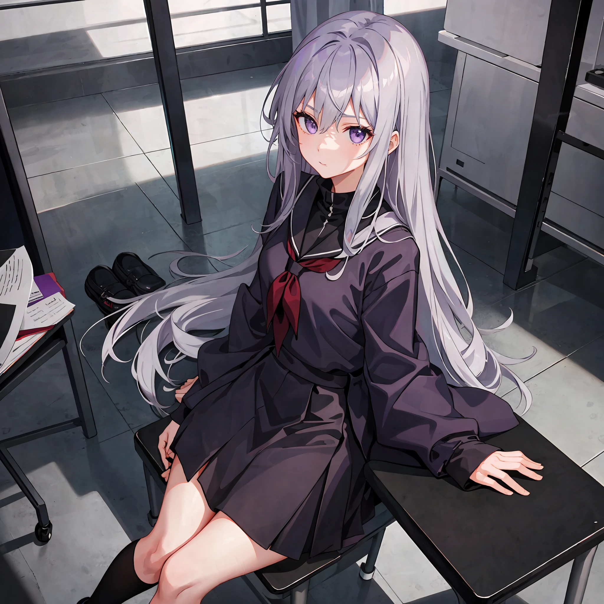 1girl, long gray hair, purple eyes, sit in class, black school modern uniform, anime