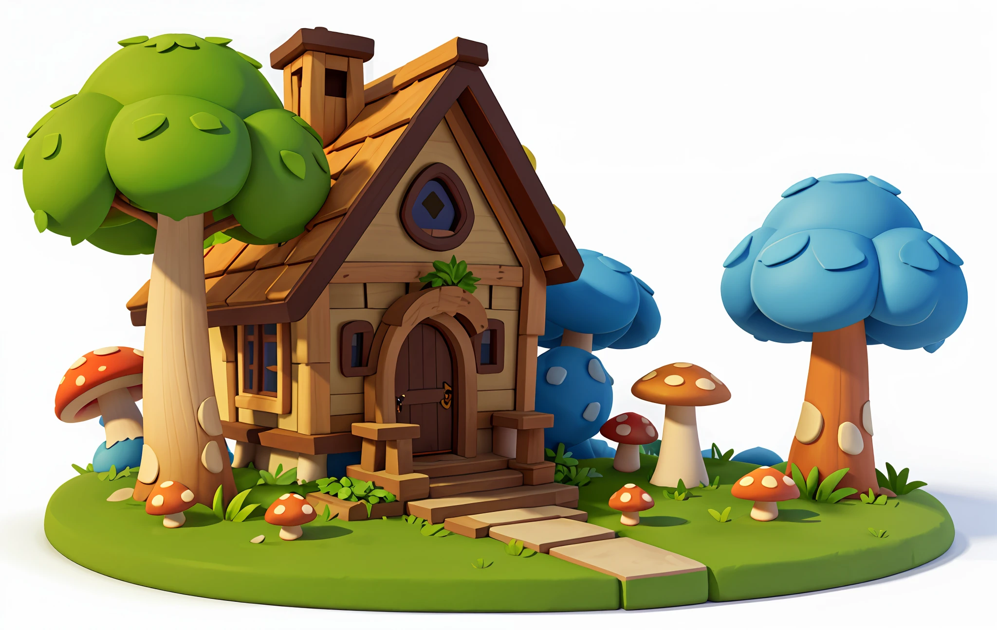 Cartoon style, polygon, game architecture design, fantasy, beautiful house, forest architecture, main body is mushroom, white background, casual game style, creative, best detail, 3d, blender, masterpiece, best quality, cartoon rendering, 8K