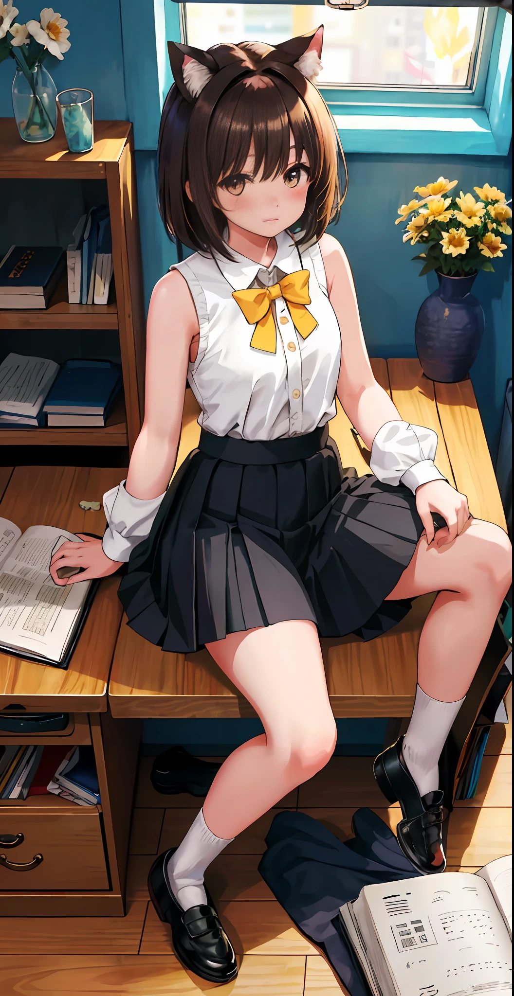 1girl, solo, brunette hair, shyness, sexual innuendo, indoors, sitting, shirt, skirt, short hair, blush, white shoes, sleeveless, shoes, socks, white shirt, full body, mid-chest, under-chest, panty pull, yellow socks, wooden floor, shorts, armpit peep, bangs, sleeveless shirt, sunshine, socks, pleated skirt, telephone, laptop, window, (alcohol), milk, cat, flower, desk, bed, bookshelf, lantern,