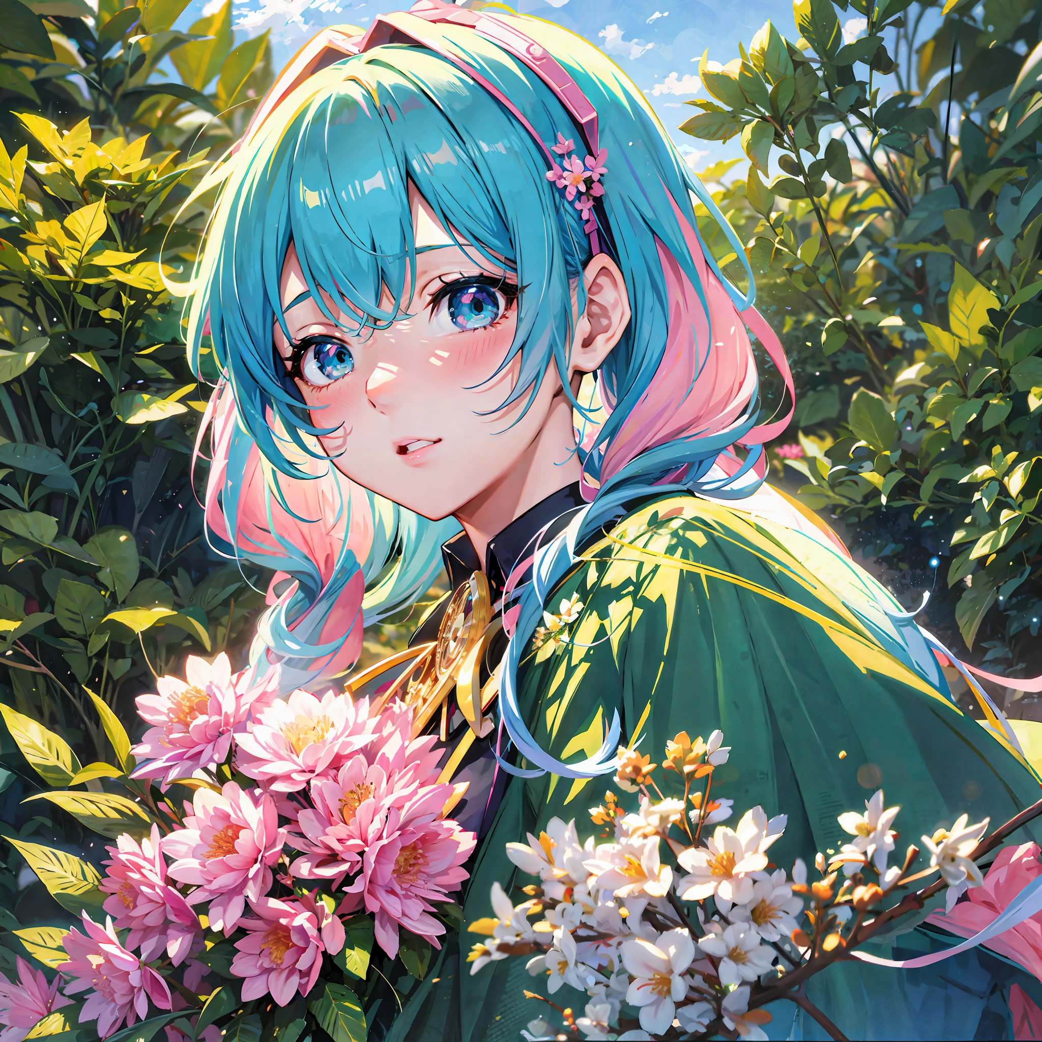 Anime Girl with Blue Hair and pink flowers in a bush, Official artwork, anime girl with teal, High detailed Official Artwork, Official Art, Detailed Portrait of Anime Girl, Anime Moe Artstyle, Anime Style Portrait, Digital Anime Illustration