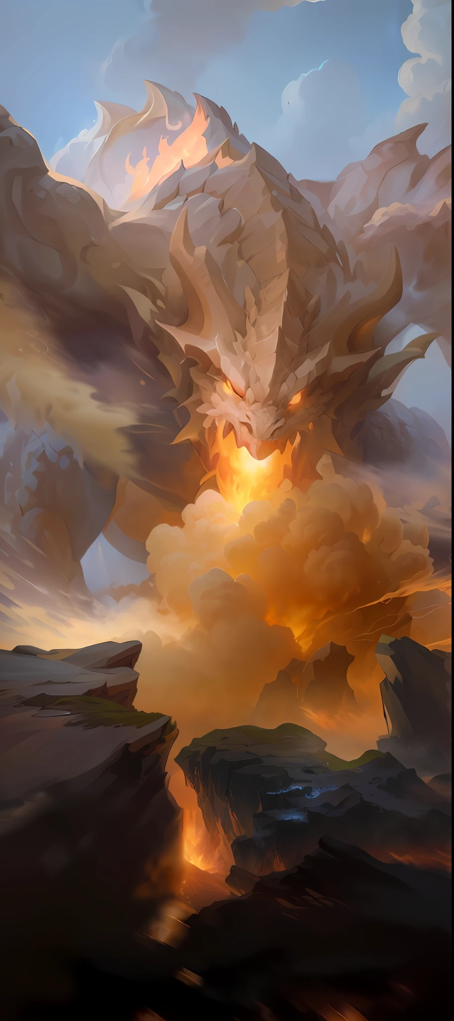 painting of a cloud with a large explosion coming out of it, charging through a dragons lair, ''dragon breathing fire, colossal dragon in background, dragon vore art, dragon breathing fire, dragon blowing fire above, colossal dragon as background, epic dragon, dragon mawshot art, dragon maw, firebreathing dragon, full art, fire dragon, lightning dragons attack, collectible card art