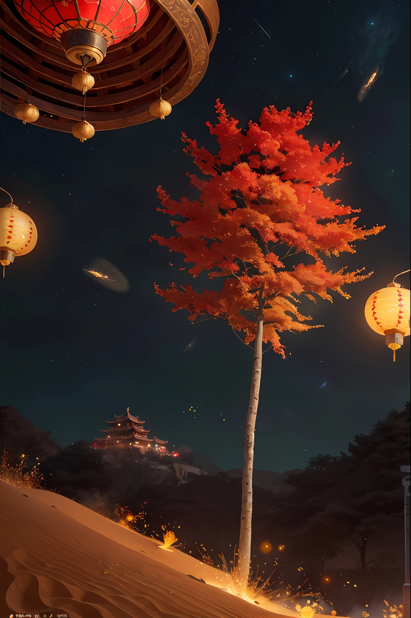 Absurd, High Quality, Very Fine, Artwork, Gold Jewelry, Particle Effects, Red Festive, Texture, Octane Rendering, Ray Tracing, Chinese Style Architecture, Sand, Black Background, Atmosphere, Gorgeous Poster, Brush Strokes, Chinese Painting, Outdoor, Glowing Particles, (Fireflies)