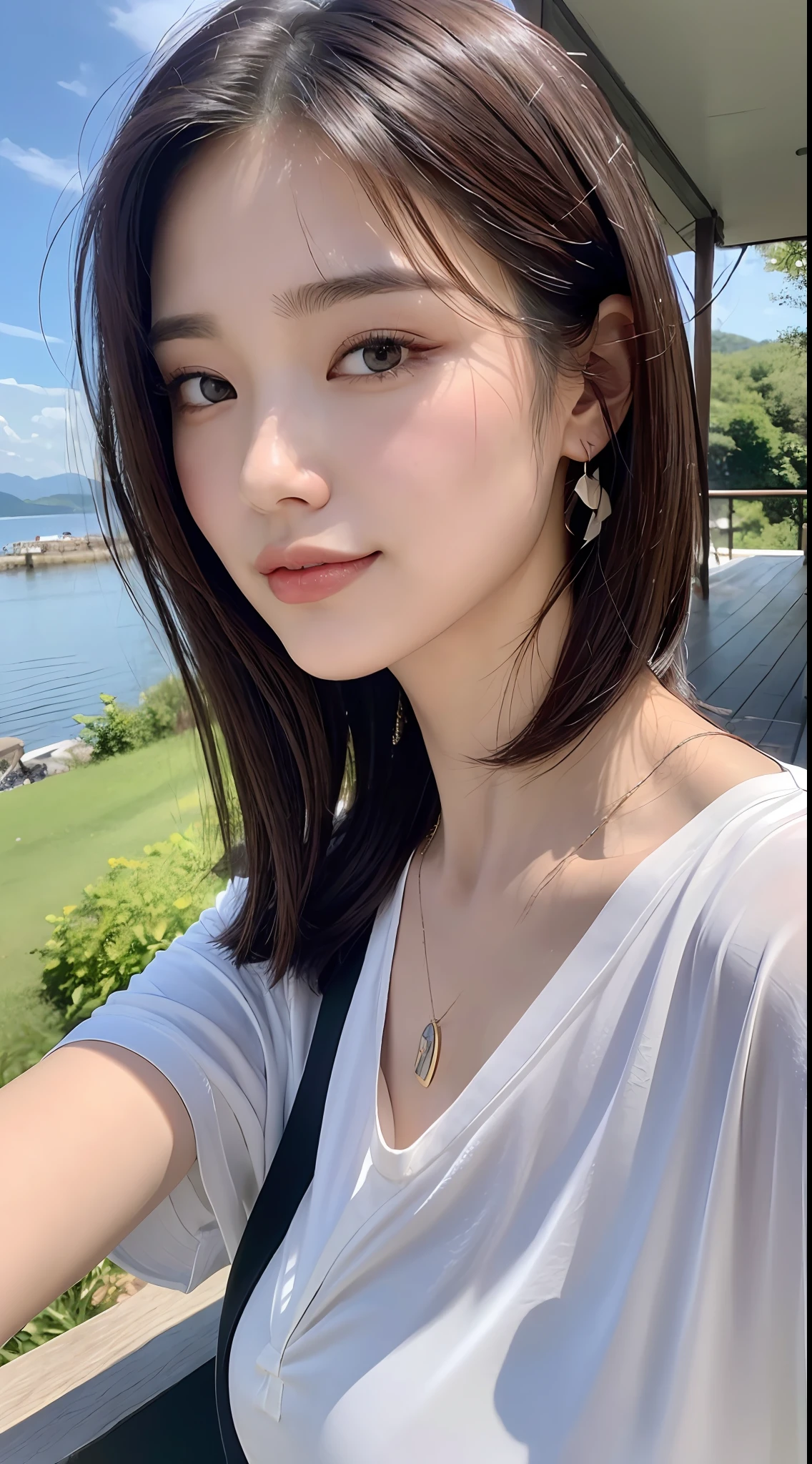 (Best quality, High resolution, Masterpiece :1.3), A pretty woman with perfect figure, Slender abs, Breasts, (Dark brown layered haircut), Wearing pendant and earrings, Black bra with white thin short sleeves t-shirt, Sweatpants, Outdoor, Great view, Lake and mountains in distant background, Smirk, Details exquisitely rendered in the face and skin texture, Detailed eyes, Double eyelid