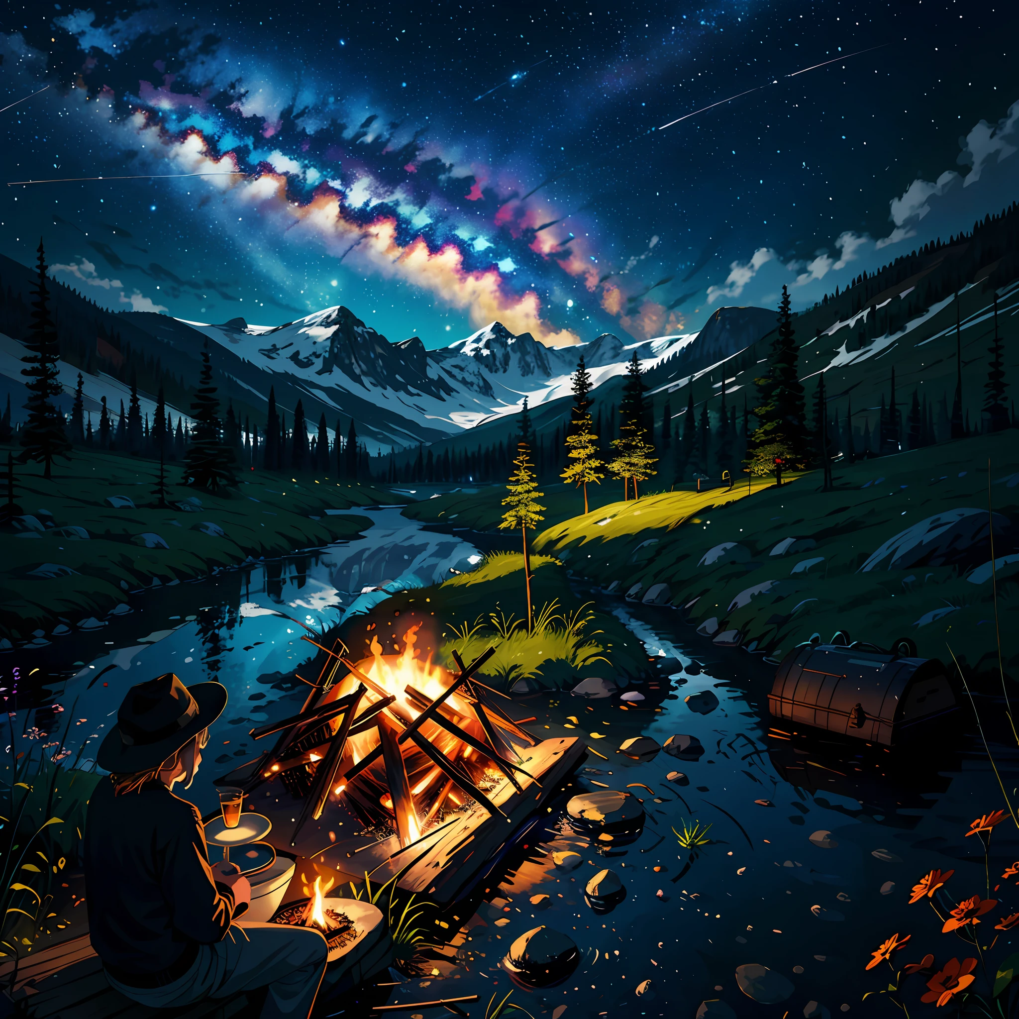 (looking at viewer:1.35), sword, outdoors, camping, night time, mountains, nature, stars, moon, (bonfire:1.15), camping stove, hat, food, forest, rocks, river, wood, smoke, shadows, contrast, clear sky, constellations, Milky Way, peaceful, serene, quiet, tranquil, remote, secluded, adventurous, exploration, escape, independence, survival, resourcefulness, perseverance, stamina, endurance, observation, intuition, adaptability, creativity, imagination, artistry, inspiration, beauty, awe, wonder, gratitude, appreciation, relaxation, enjoyment, rejuvenation, mindfulness, harmony, balance, texture, detail, realism, depth, perspective, composition, color, light, shadow, reflection, refraction, tone, contrast, foreground, middle ground, background, naturalistic, figurative, representational, impressionistic, expressionistic, unique