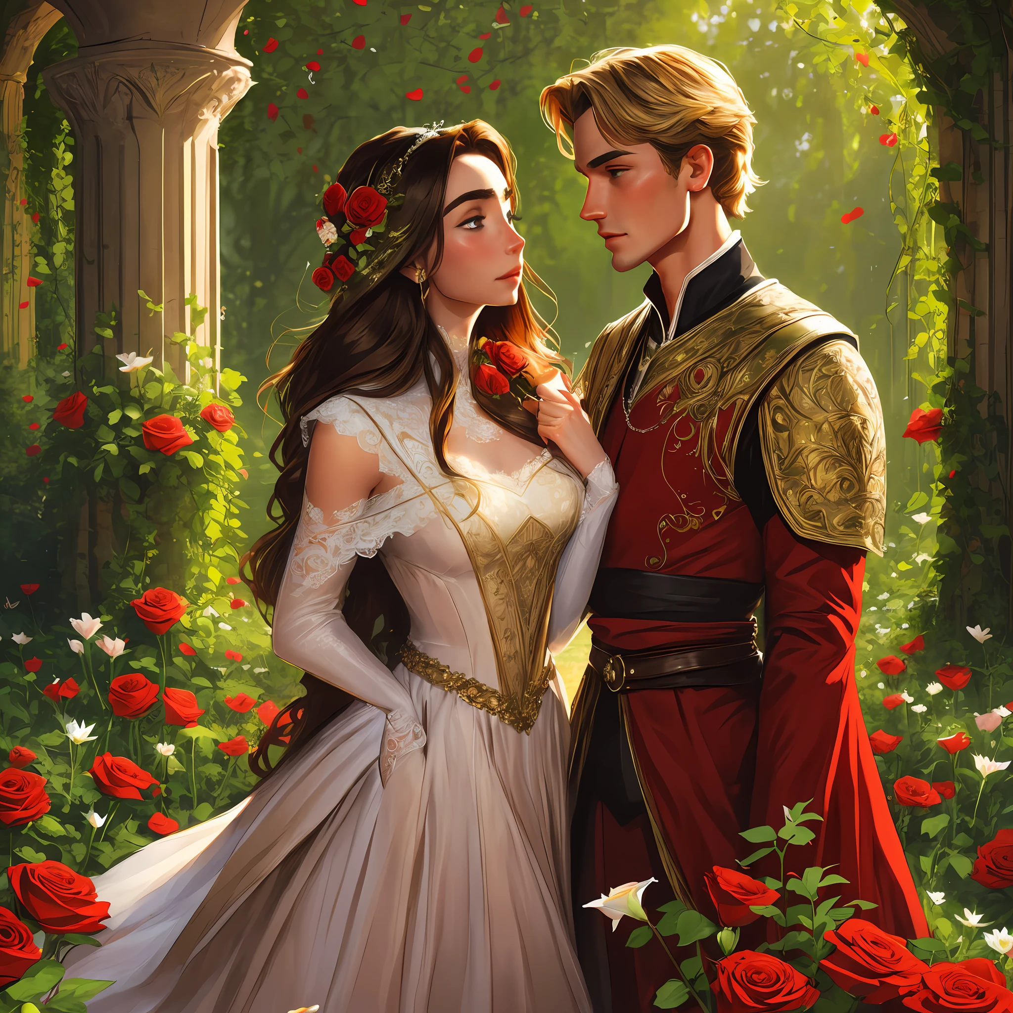 Couple Neels Visser is a prince who has golden blond hair, wears a medieval military outfit and is in love with the commoner Lily Collins, who has curly brunette black hair and wears a red dress, they kiss very affectionately, illustration of a romance book cover with a detailed, smooth, bright background filled with flowers covered in ivy and red roses, ornate gown standing in a bed of roses, rim light, dynamic lighting, etherial lighting, ultra detail, concept art, elegant, surreal, art by Lisa Aisato, Greg Hildebrandt, Citemer Liu, Stjepan Sejic, Samyang, Aykut Aydogdu, Justin Gerard, Alphonse Mucha, Artgerm, WLOP, and Greg Rutkowski