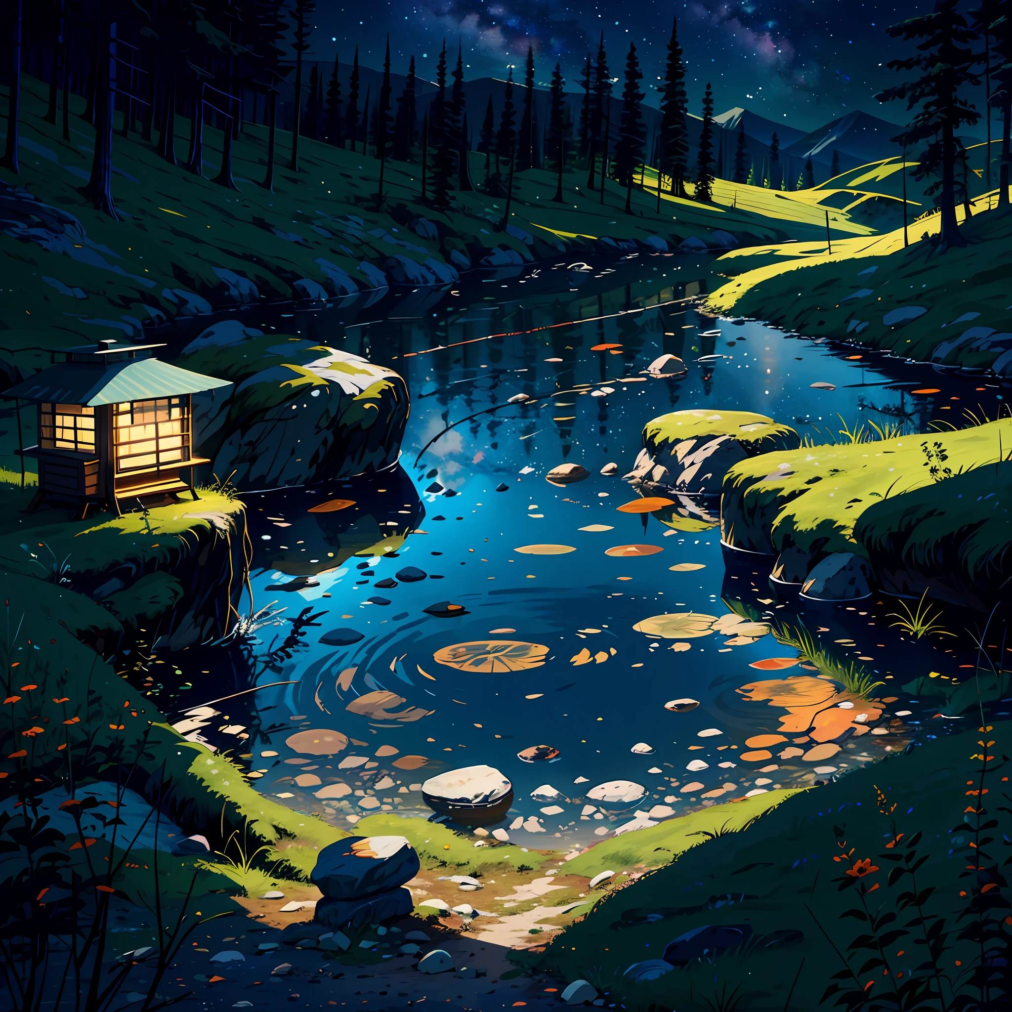 (looking at viewer:1.35), sword, outdoors, camping, night time, mountains, nature, stars, moon, (bonfire:1.15),  camping stove, hat, food, forest, rocks, river, wood, smoke, shadows, contrast, clear sky, constellations, Milky Way, peaceful, serene, quiet, tranquil, remote, secluded, adventurous, exploration, escape, independence, survival, resourcefulness, perseverance, stamina, endurance, observation, intuition, adaptability, creativity, imagination, artistry, inspiration, beauty, awe, wonder, gratitude, appreciation, relaxation, enjoyment, rejuvenation, mindfulness,  harmony, balance, texture, detail, realism, depth, perspective, composition, color, light, shadow, reflection, refraction, tone, contrast, foreground, middle ground, background, naturalistic, figurative, representational, impressionistic, expressionistic, unique