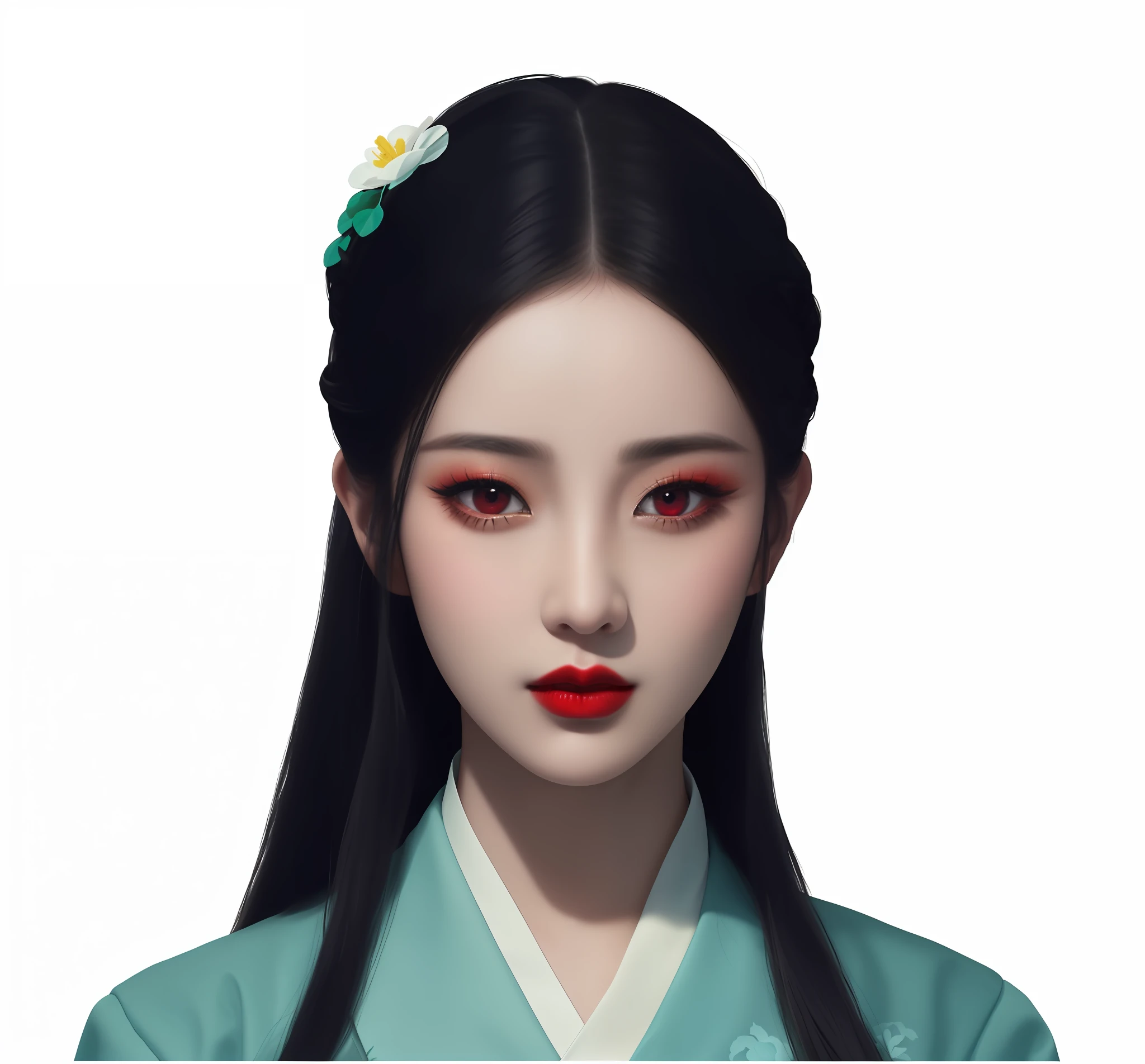 Arafad image of a woman with black hair and a flower in her hair, artwork in Guvez style, palace, girl in Hanfu, realistic. Cheng Yi, inspired by Yun Duxie, April rendering, Gu Viz, inspired by Shen Shizhen, Xian Xia, inspired by Ai Xuan, Hanfu 1girl, solo, black hair, long hair, white background, simple background, hair ornament, looking at viewer, realistic, black eyes, portrait, closed mouth, lips, red lips, hair flower, flower, makeup, forehead,  lipstick,full body,