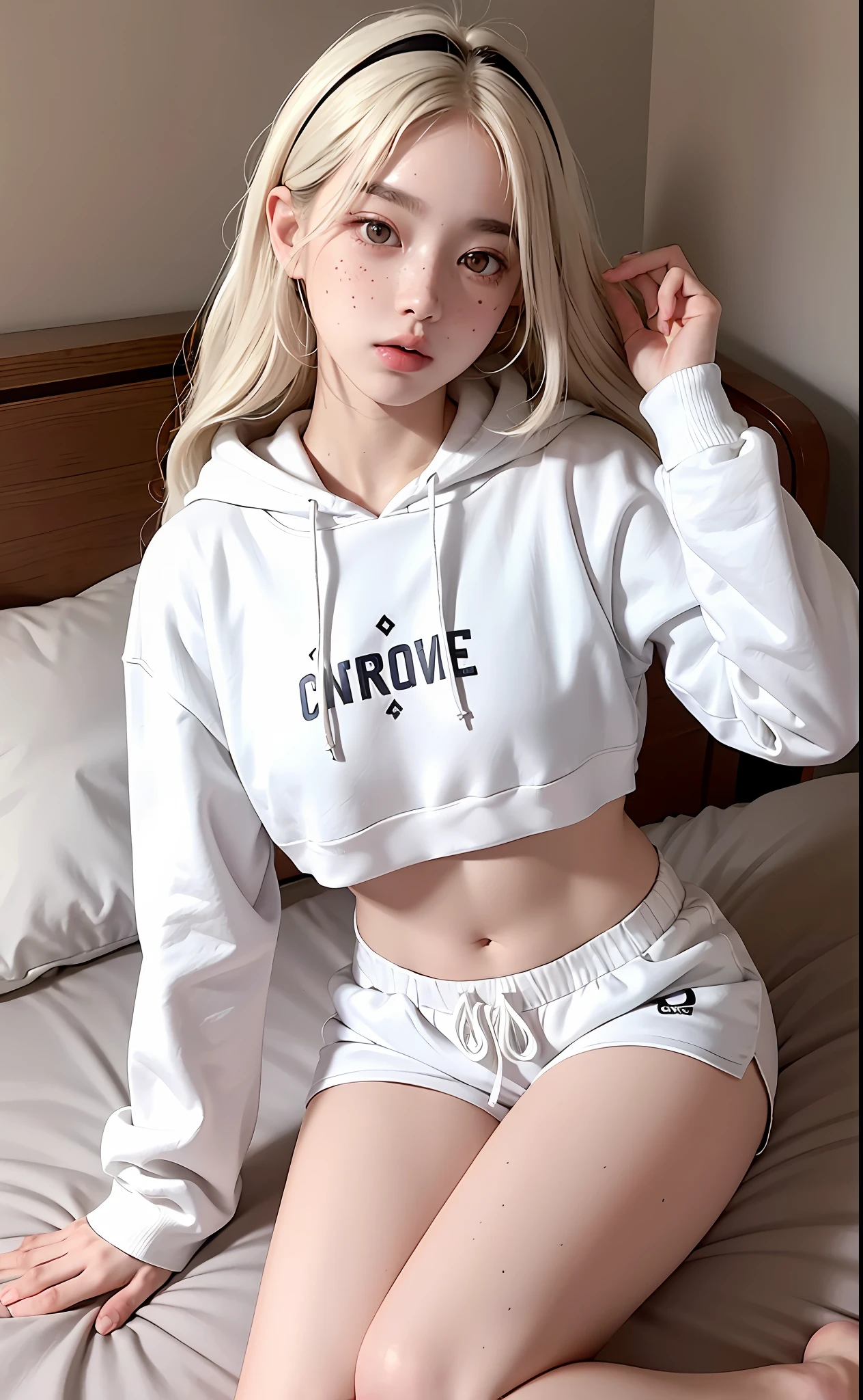 photorealistic, 8K, 2 girls, both have white wavy hair, Korean, heterochrome eyes, thick eyebrows, freckles, hoodie, white shorts, big, small waist, big thighs, on the bed small, young, flat chest