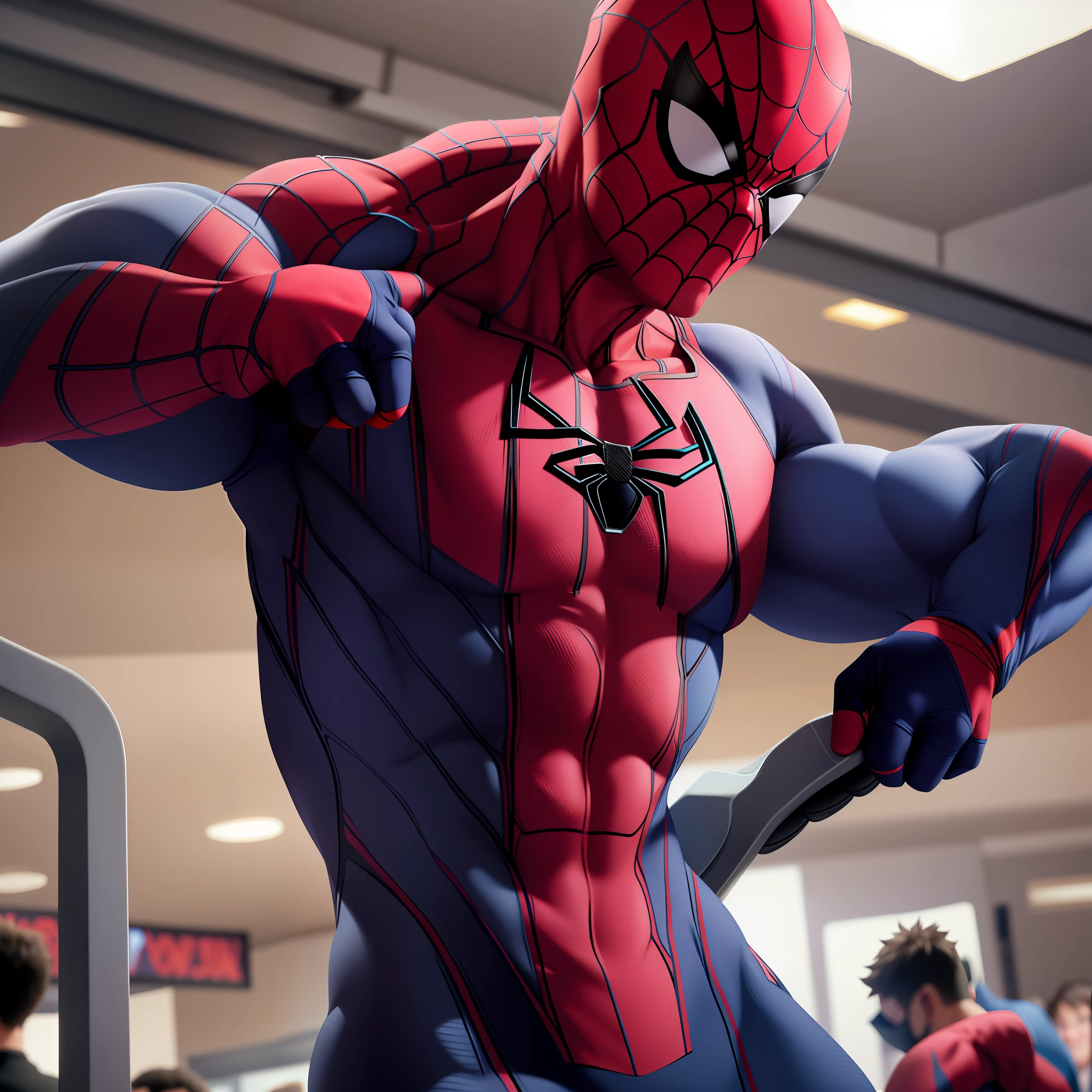 "Defined muscles are displayed in the bustling gym as Spider-Man knits to perfection in a high-quality 4k video."