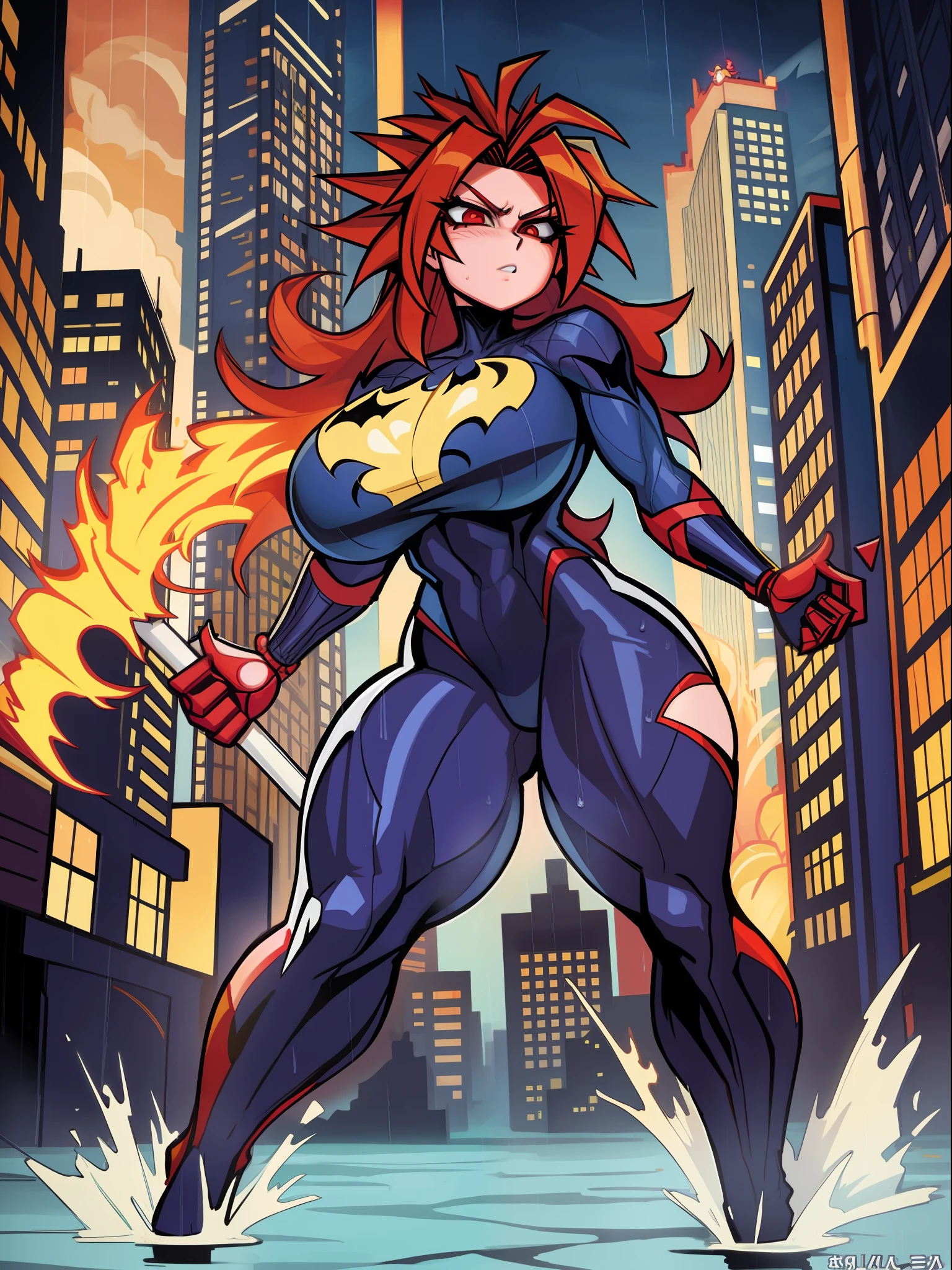Full body image, ((1 girl in maid/Batman/Spiderman costume, huge breasts)), front facing, looking at viewer, furious, Super Saiyan Red hair, red eyes, ((Super Saiyan 2 appearance )), body and clothes completely wet, background of city destroyed with heavy rain and flooding, anime, anatomically correct, ((Super Saiyan Ultra Instinct)), Dragon Ball, mortal kombat, masterpiece, (16k:1.6), ( high details:1.6), (high quality:1.6), (maximum resolution:1.6)
