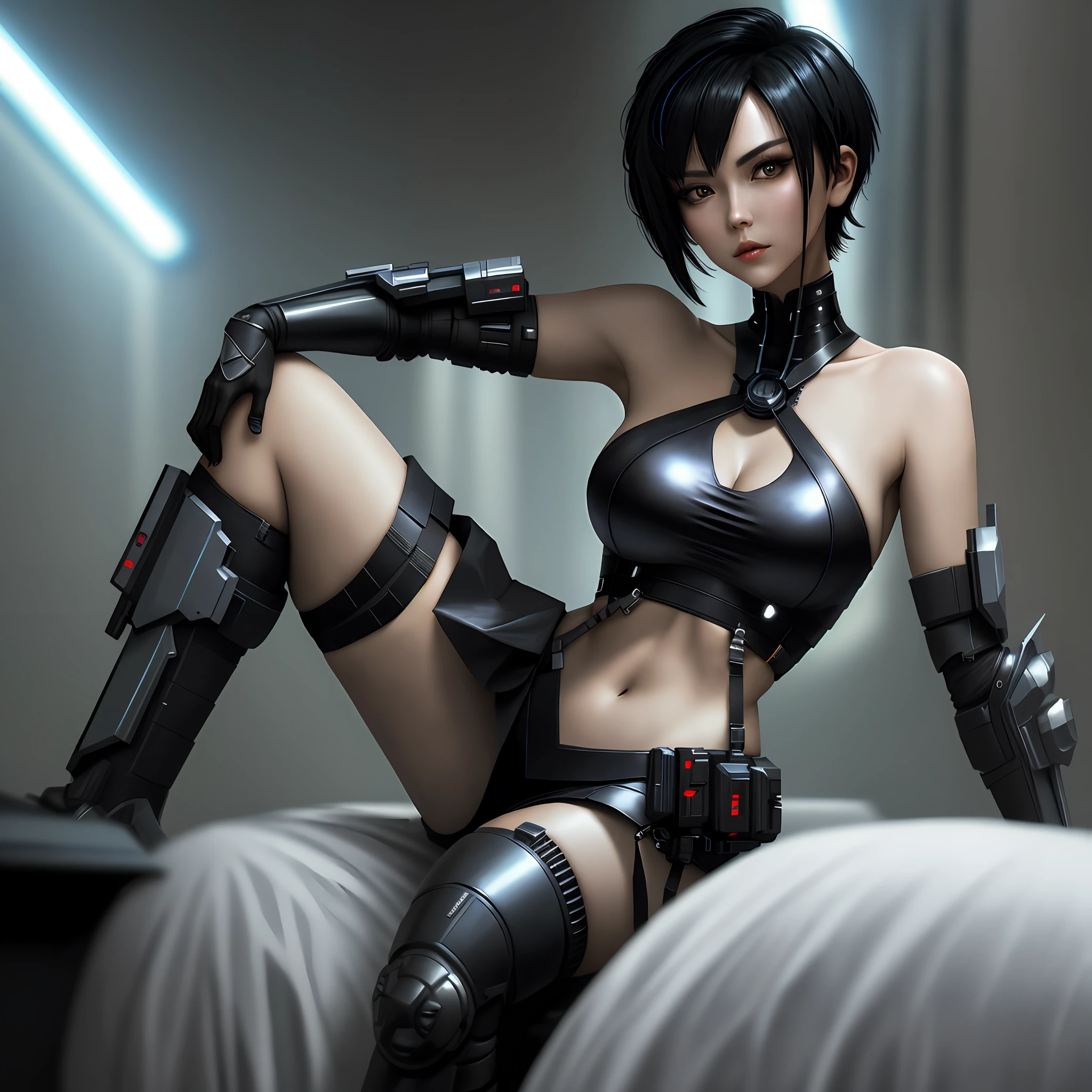 Cyberpunk Royal Sister Black shoulder-length short hair, bursting breasts, thin waist, best quality masterpiece