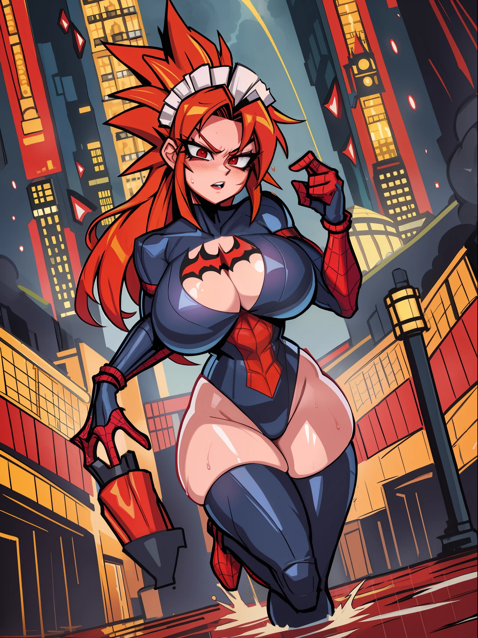 Full body image, ((1 girl in maid/Batman/Spiderman costume, huge breasts)), front facing, looking at viewer, furious, Super Saiyan Red hair, red eyes, ((Super Saiyan 2 appearance )), body and clothes completely wet, background of city destroyed with heavy rain and flooding, anime, anatomically correct, ((Super Saiyan Ultra Instinct)), Dragon Ball, mortal kombat, masterpiece, (16k:1.6), ( high details:1.6), (high quality:1.6), (maximum resolution:1.6)