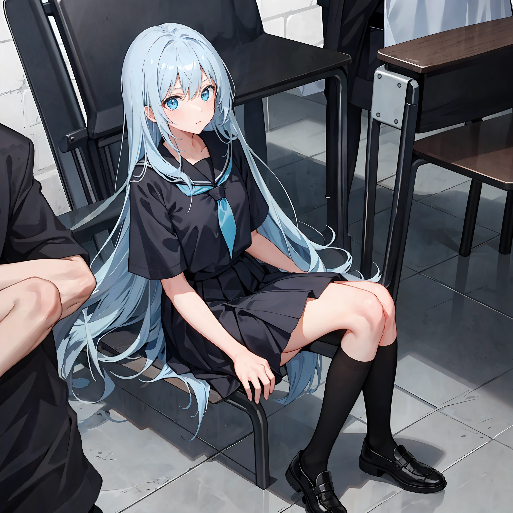 1girl, long light blue hair, dark blue, sit in class, black school modern uniform, anime