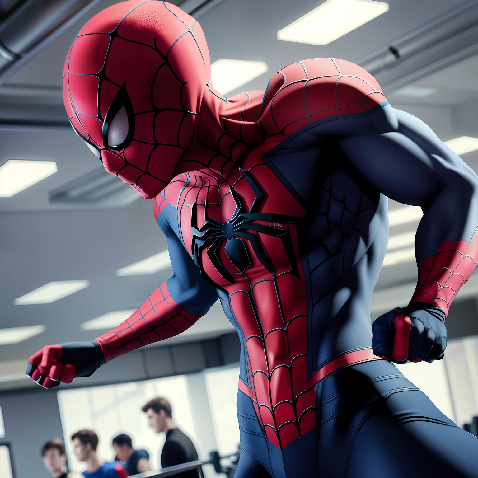 Spider man working out in a very busy gym in 4k.