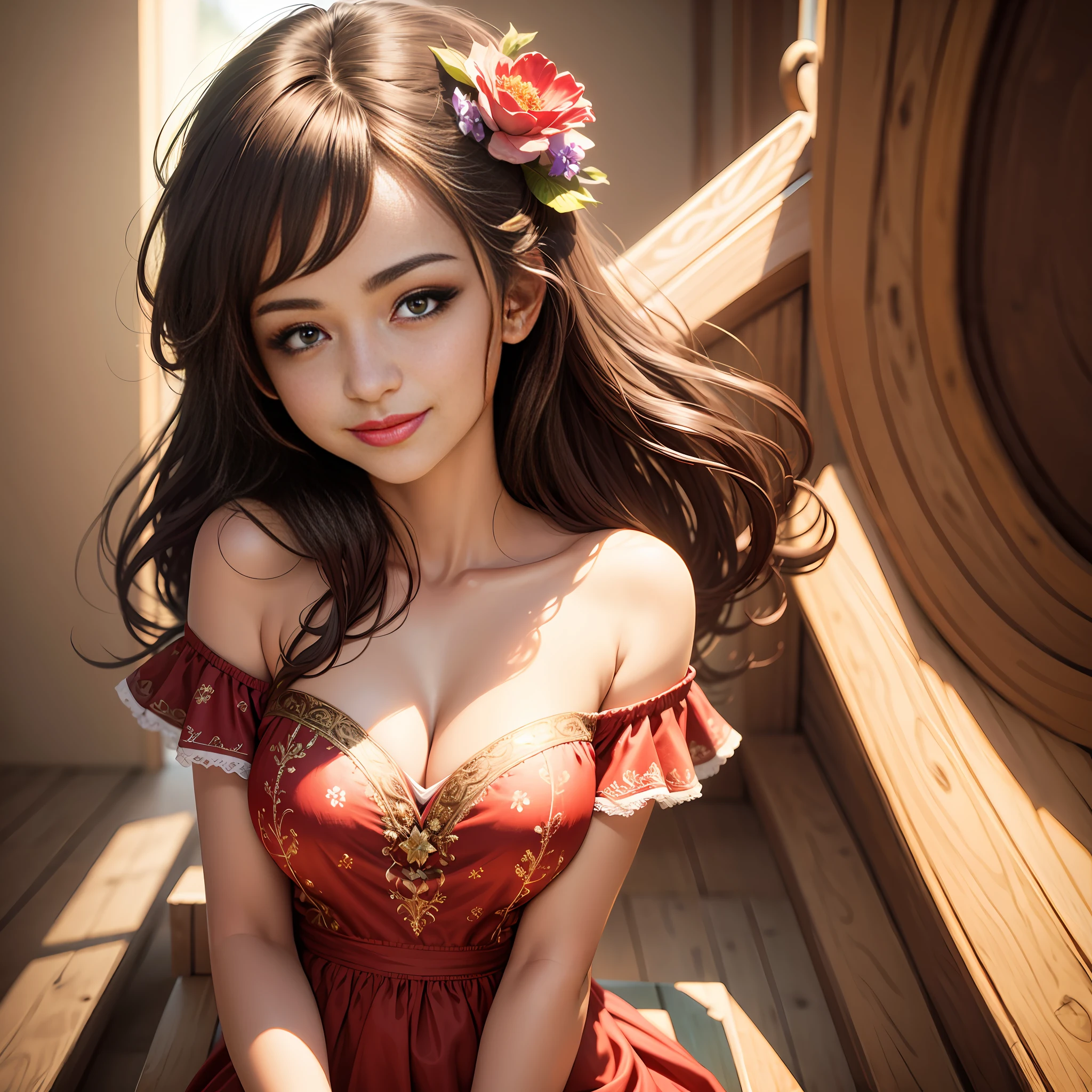 best quality, masterpiece, ultra high res, photorealistic, 1girl, offshoulder, smile