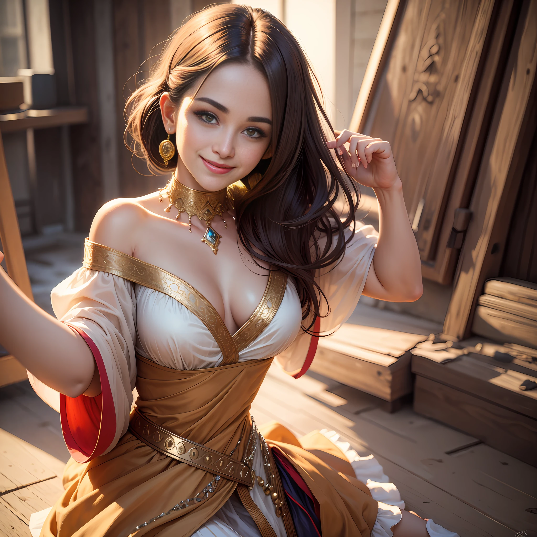 best quality, masterpiece, ultra high res, photorealistic, 1girl, offshoulder, smile