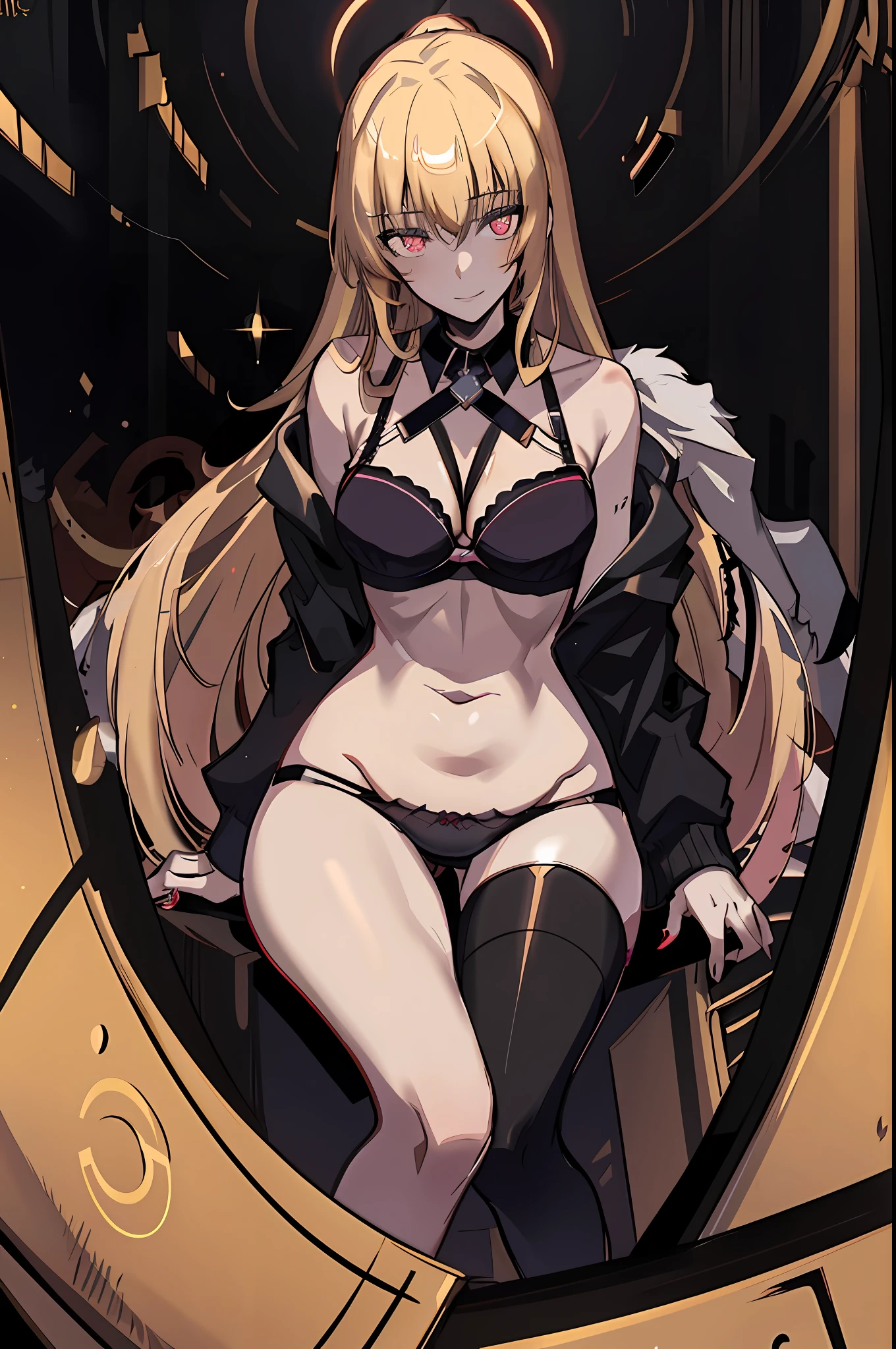 very long hair, golden hair, jacket, red_eyes, bangs, straight hair, inside the casino, casino table, looking down on the viewer, big, full body, crazy eyes, insane, wide open eyes, glowing eyes, shiny lips, blush, satisfied look, sexually aroused, obsessive look, crazy look, adult,, plump, blonde, girl in underwear, single girl, solo, sensational face, Sloppy look, evil smile, crazy smile, bewitching face, blush, black bra, black panties, M-shaped legs, estrus, lustful expression, open legs, yandere face