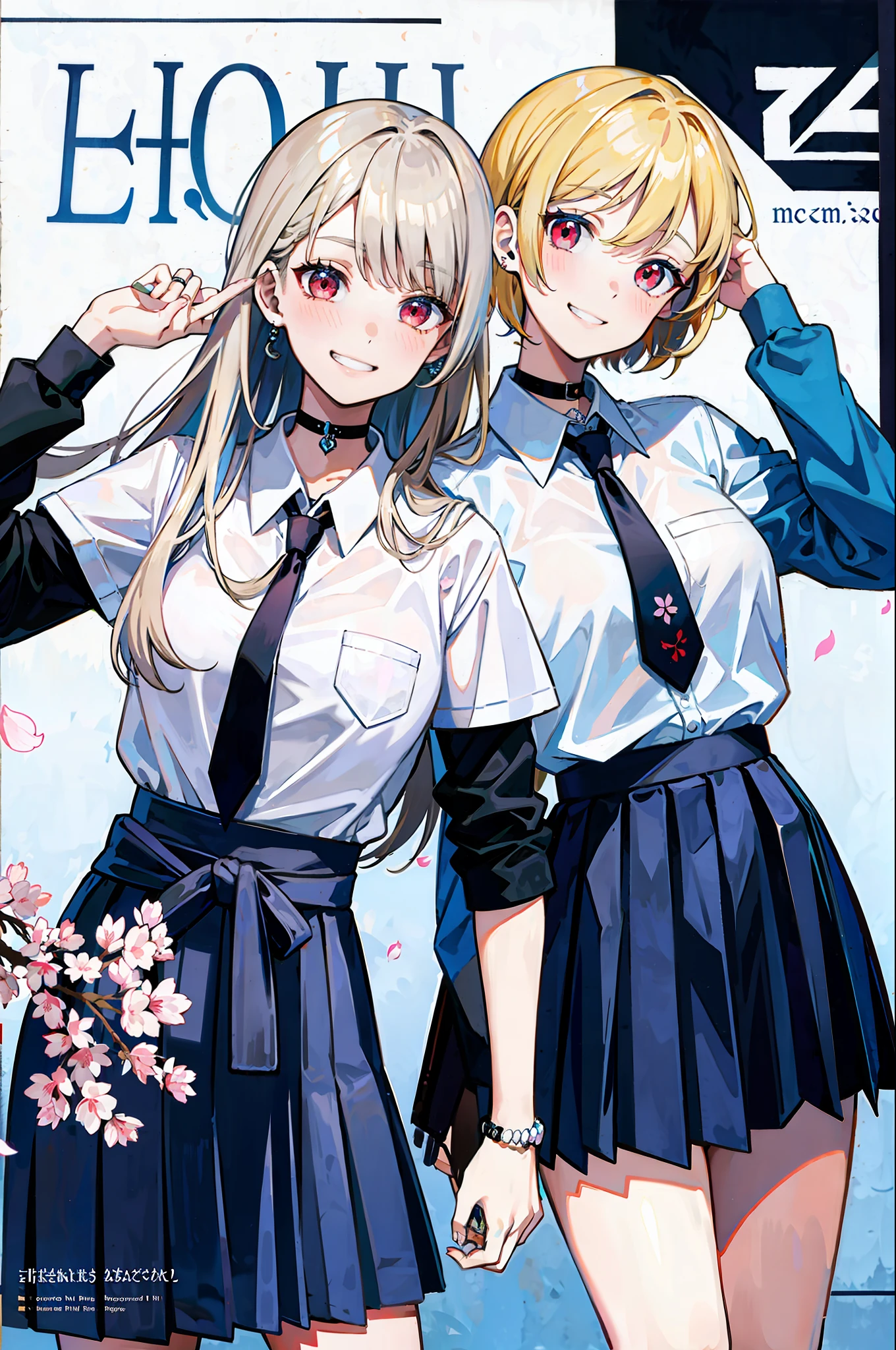 masterpiece, best quality,  full body,
1girl, bangs, black choker, black necktie, blonde hair, blue skirt, blush, bracelet, breasts, choker, clothes around waist, collarbone, collared shirt, cowboy shot, dress shirt, ear piercing, eyebrows visible through hair, gradient hair, grin, gyaru, jewelry, kogal, long hair, looking at viewer, loose necktie, necktie, piercing, plaid, plaid skirt, pleated skirt, red eyes, ring, school uniform, shirt, skirt, smile, solo, white shirt,
street, sky, cherry blossoms, petals,illustration, (magazine:1.3), (cover-style:1.3), fashionable, woman, vibrant, outfit, posing, front, colorful, dynamic, background,  elements, confident, expression, holding, statement, accessory, majestic, coiled, around, touch, scene, text, cover, bold, attention-grabbing, title, stylish, font, catchy, headline, larger, striking, modern, trendy, focus, fashion,
