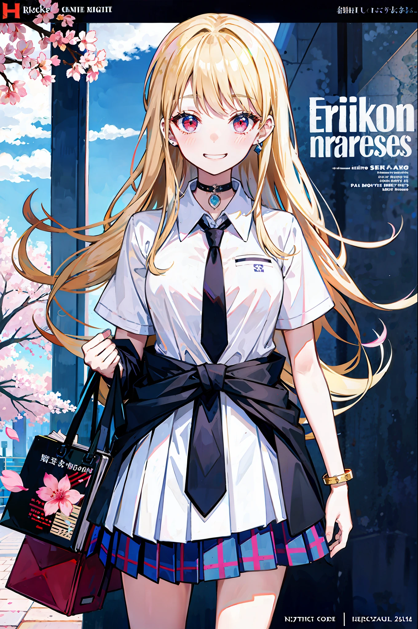 masterpiece, best quality, full body,
1girl, bangs, black choker, black necktie, blonde hair, blue skirt, blush, bracelet, breasts, choker, clothes around waist, collarbone, collared shirt, cowboy shot, dress shirt, ear piercing, eyebrows visible through hair, gradient hair, grin, gyaru, jewelry, kogal, long hair, looking at viewer, loose necktie, necktie, piercing, plaid, plaid skirt, pleated skirt, red eyes, ring, school uniform, shirt, skirt, smile, solo, white shirt,
street, sky, cherry blossoms, petals,illustration, (magazine:1.3), (cover-style:1.3), fashionable, woman, vibrant, outfit, posing, front, colorful, dynamic, background, elements, confident, expression, holding, statement, accessory, majestic, coiled, around, touch, scene, text, cover, bold, attention-grabbing, title, stylish, font, catchy, headline, larger, striking, modern, trendy, focus, fashion,
