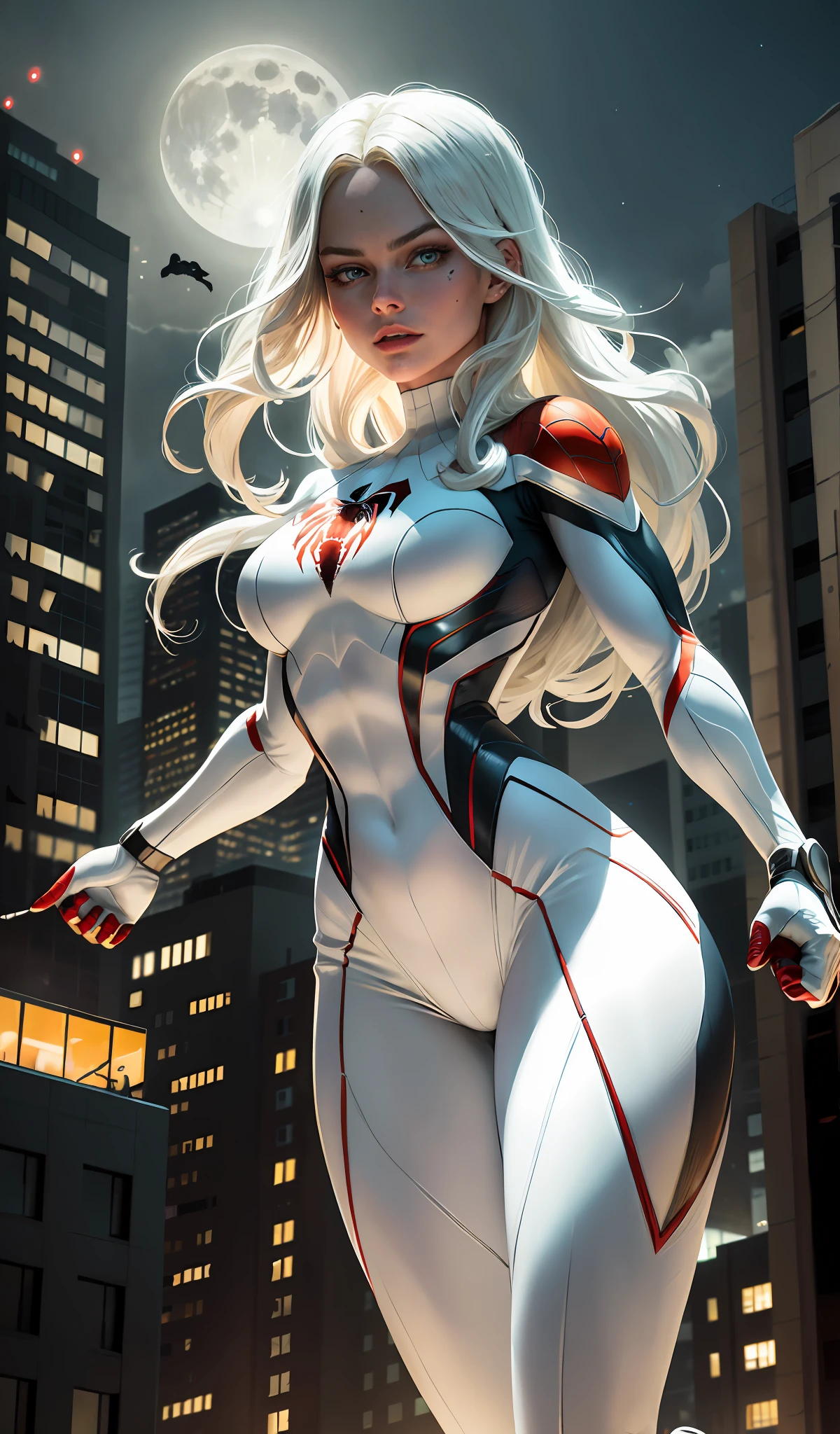 Margot Robbie (Masterpiece, 4k resolution, ultra-realistic, very detailed), (White superhero theme, charismatic, there's a girl at the top of town, wearing Spider-Man costume, she's a superhero), [ (25 years), (long white hair:1.2), full body, (blue eyes:1.2), ((Spider-Man pose),show of strength, jumping from one building to another), ((sandy urban environment):0.8)| (cityscape, at night, dynamic lights), (full moon))] # Explanation: The Prompt mainly describes a 4K painting of ultra-high definition, very realistic, very detailed. It shows a superheroine at the top of the city, wearing a Spider-Man costume. The theme in the painting is a white superhero theme, the female protagonist has long white hair, is 25 years old and her entire body is shown in the painting. In terms of portraying the actions of superheroines, spiders are employed