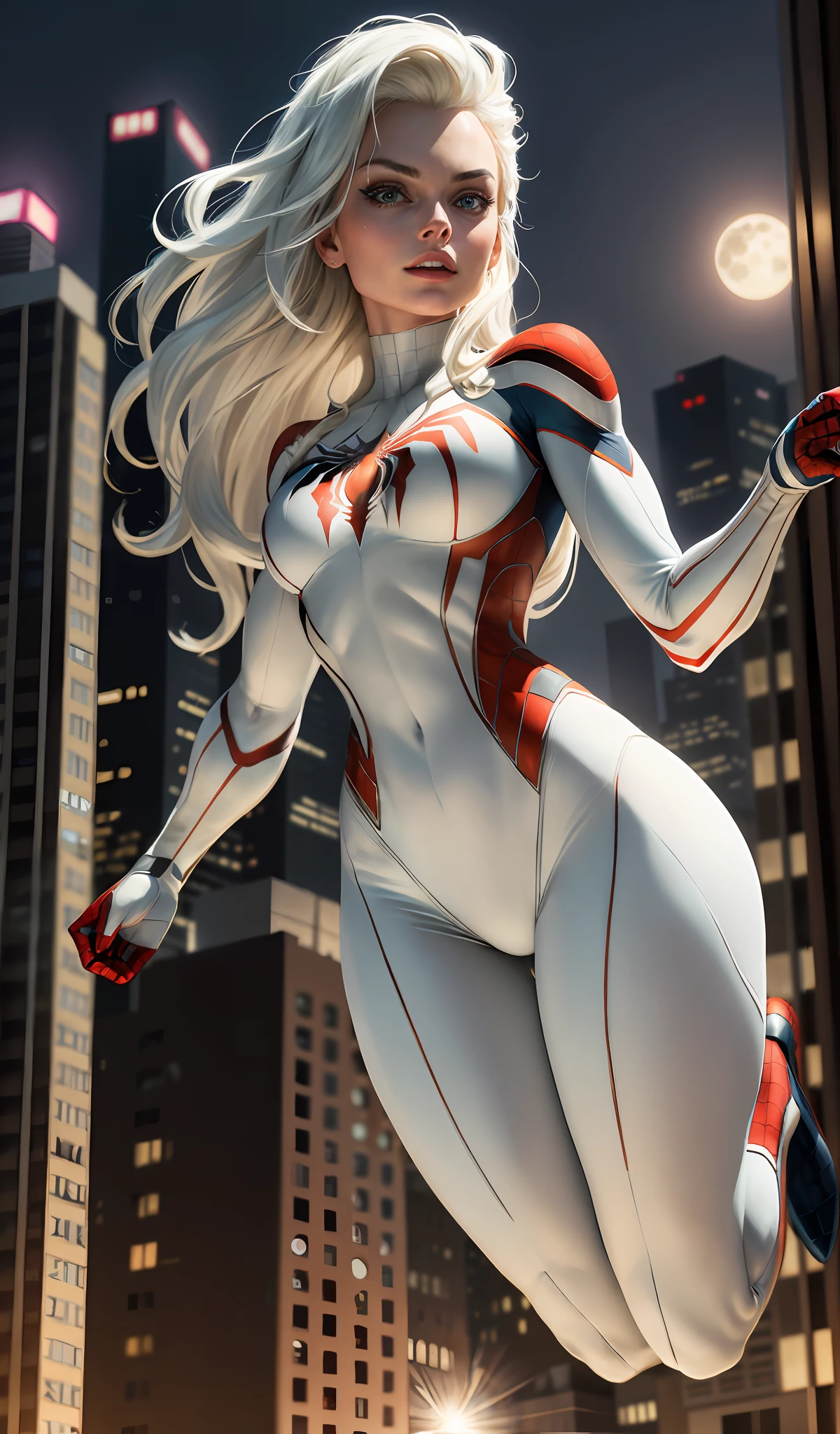 Margot Robbie (Masterpiece, 4k resolution, ultra-realistic, very detailed), (White superhero theme, charismatic, there's a girl at the top of town, wearing Spider-Man costume, she's a superhero), [ (25 years), (long white hair:1.2), full body, (blue eyes:1.2), ((Spider-Man pose),show of strength, jumping from one building to another), ((sandy urban environment):0.8)| (cityscape, at night, dynamic lights), (full moon))] # Explanation: The Prompt mainly describes a 4K painting of ultra-high definition, very realistic, very detailed. It shows a superheroine at the top of the city, wearing a Spider-Man costume. The theme in the painting is a white superhero theme, the female protagonist has long white hair, is 25 years old and her entire body is shown in the painting. In terms of portraying the actions of superheroines, spiders are employed