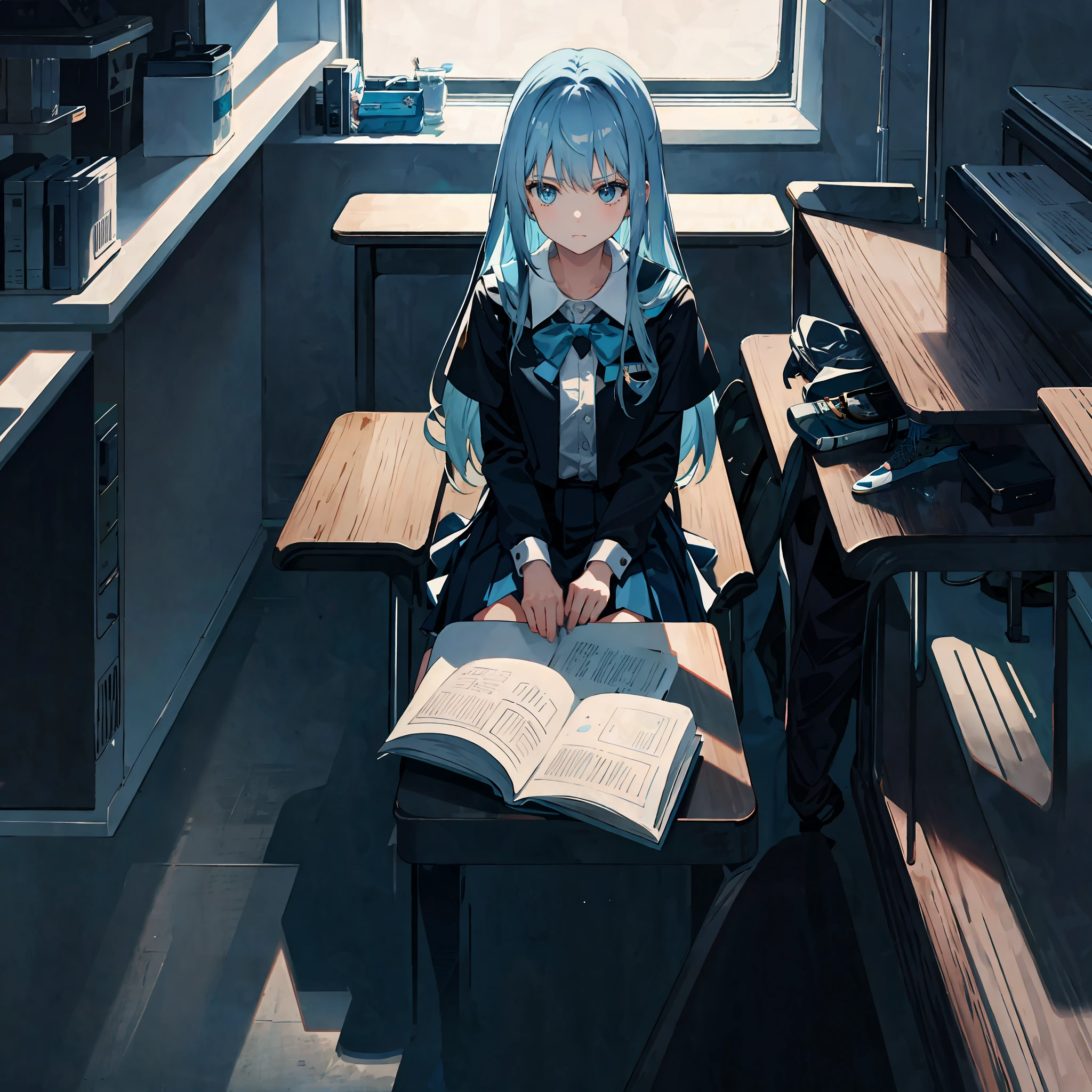 1girl, long light blue hair, dark blue, sit in class, black school modern uniform, anime