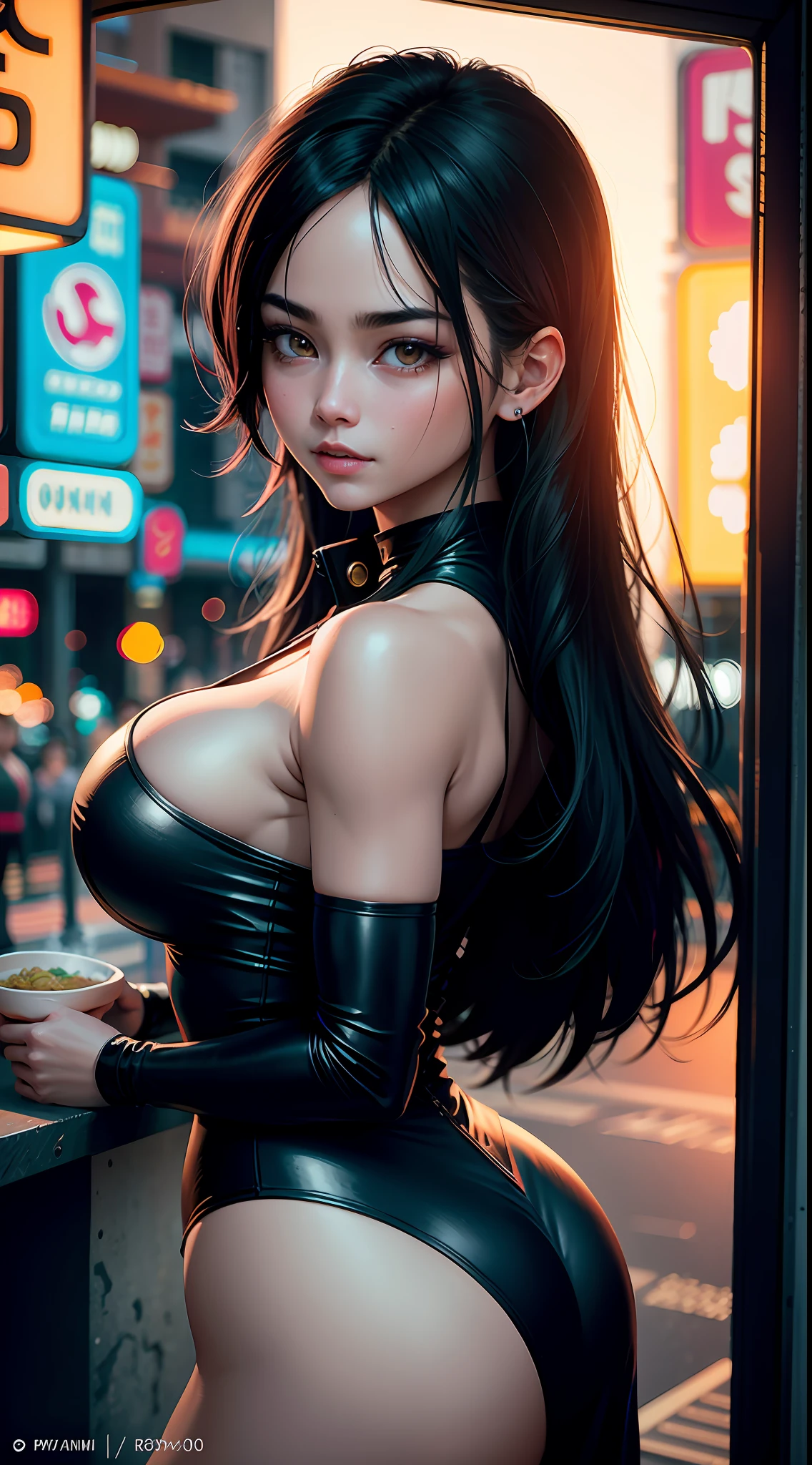 Videl Dragonball, cheerful face, original black long hair, long eyelashes, beautiful eyes with brightness, surrealism, shadow, stereogram, (photorealistic, realistic: 1.2), POV, atmospheric perspective, cinematic lighting, ray tracing, 8k, super detail, best quality, masterpiece, well detailed, (Canan EOS R6, 135mm, 1/1250s, f/2.8, ISO 400:0.9), cyberpunk, neon, neon signs, ramen shops, night, cleavage from the back