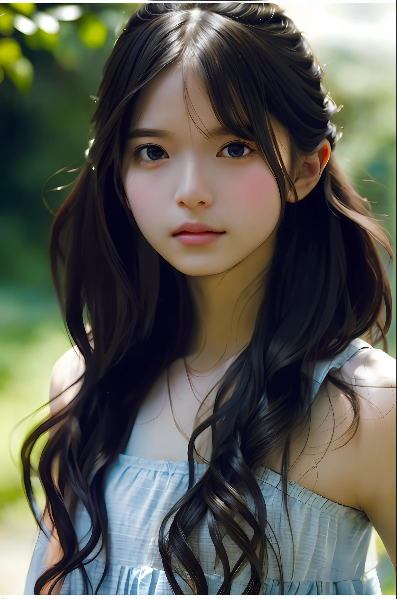 film portrait photography, 1girl, bare shoulders, wavy shoulder-length hair, serene, calm, (realistic detailed eyes, natural skin texture, realistic face details), soft dramatic lighting, depth of field, bokeh, vibrant details, finely detailed, hyperrealistic, 35mm film, hazy blur, filmg,