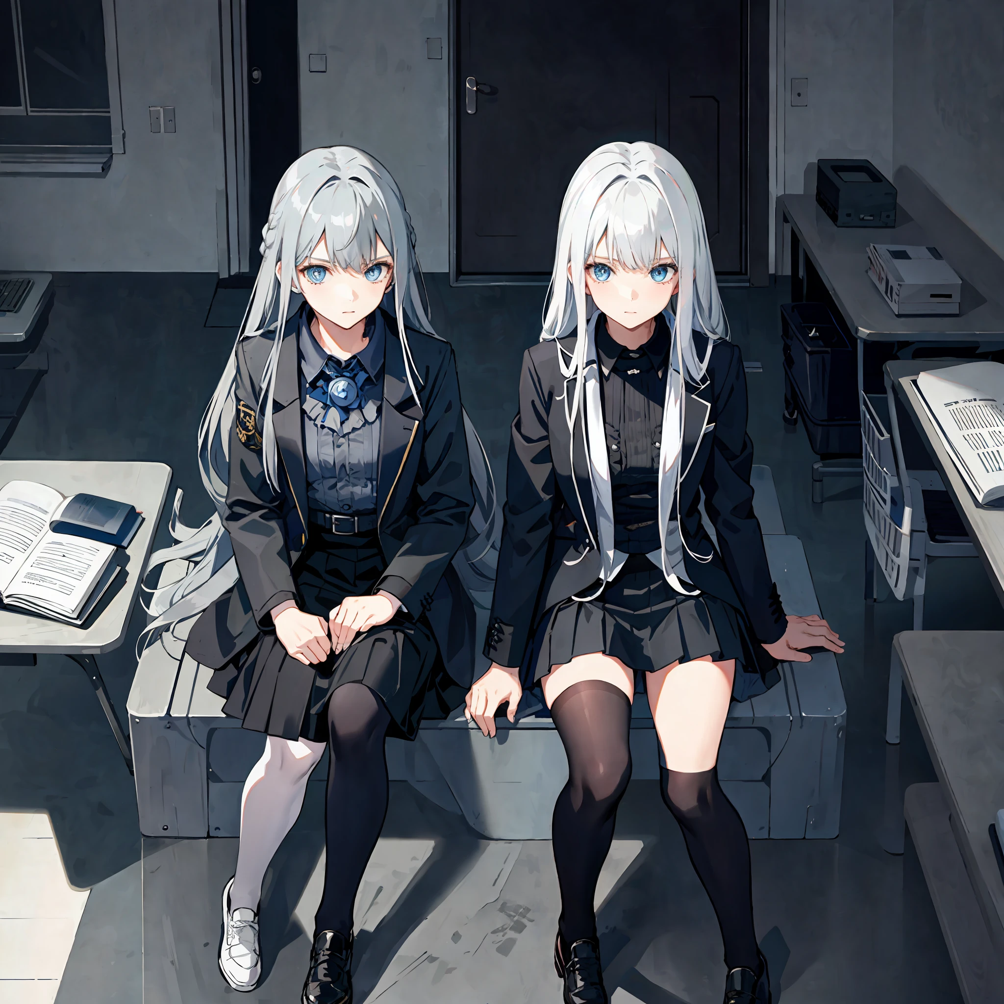 loli, long gray hair, blue eyes, sit in class, black suit modern uniform, anime