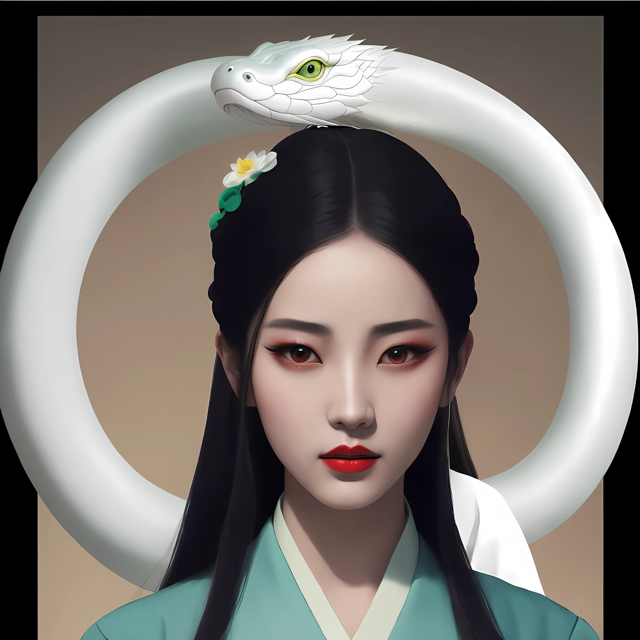 There is a woman with a green snake on her head, a Guvez style artwork, a snake-faced lady, a portrait of a dragon woman, inspired by Yunduxi, inspired by Wu Bin, inspired by Lan Ying, inspired by Lu Ji, inspired by Shen Shizhen, inspired by Zhang Yan, inspired by Qiu Ying, portrait of an Onmyoji