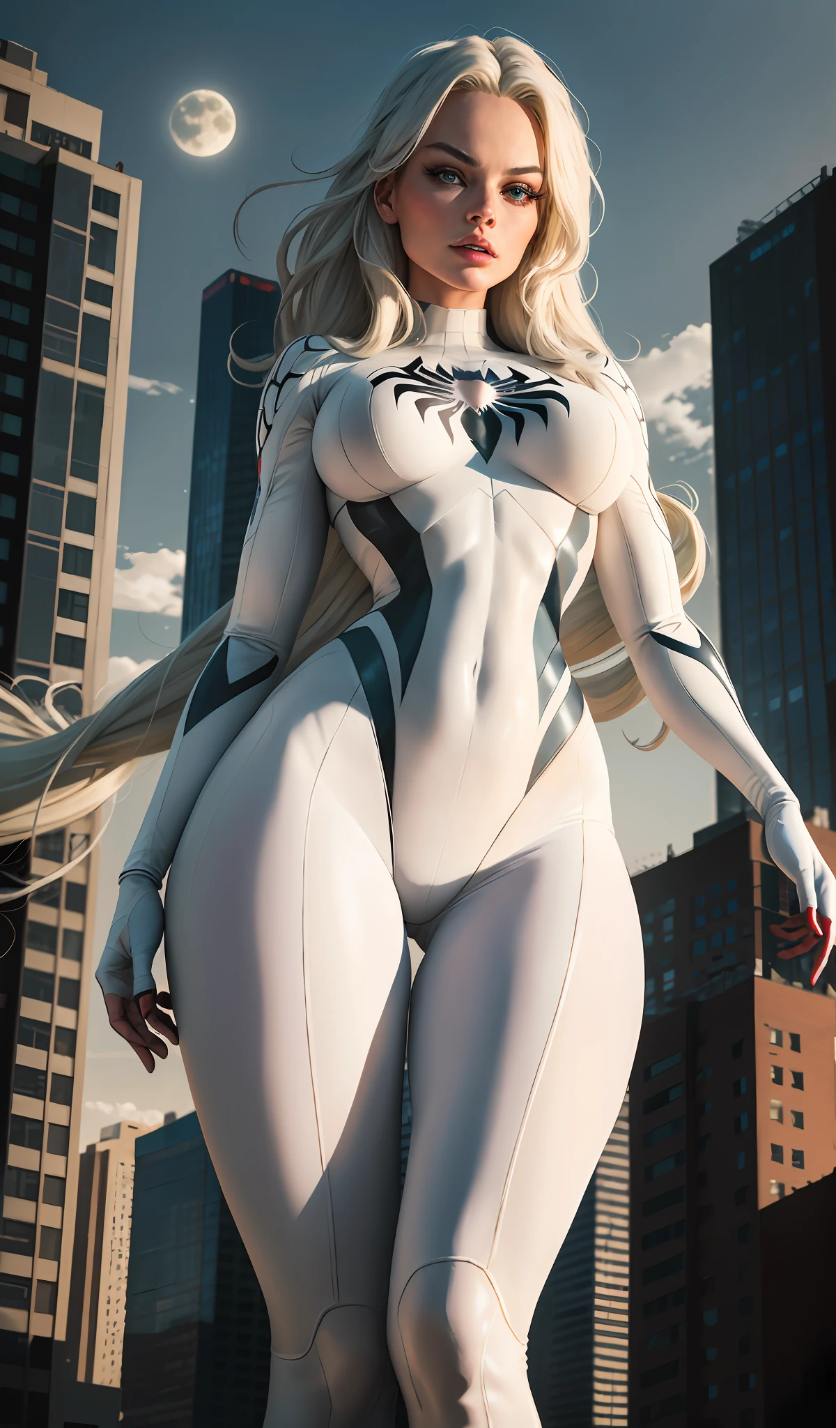 Margot Robbie (Masterpiece, 4k resolution, ultra-realistic, very detailed), (White superhero theme, charismatic, there's a girl at the top of town, wearing Spider-Man costume, she's a superhero), [ (25 years), (long white hair:1.2), full body, (blue eyes:1.2), ((Spider-Man pose),show of strength, jumping from one building to another), ((sandy urban environment):0.8)| (cityscape, at night, dynamic lights), (full moon))] # Explanation: The Prompt mainly describes a 4K painting of ultra-high definition, very realistic, very detailed. It shows a superheroine at the top of the city, wearing a Spider-Man costume. The theme in the painting is a white superhero theme, the female protagonist has long white hair, is 25 years old and her entire body is shown in the painting. In terms of portraying the actions of superheroines, spiders are employed