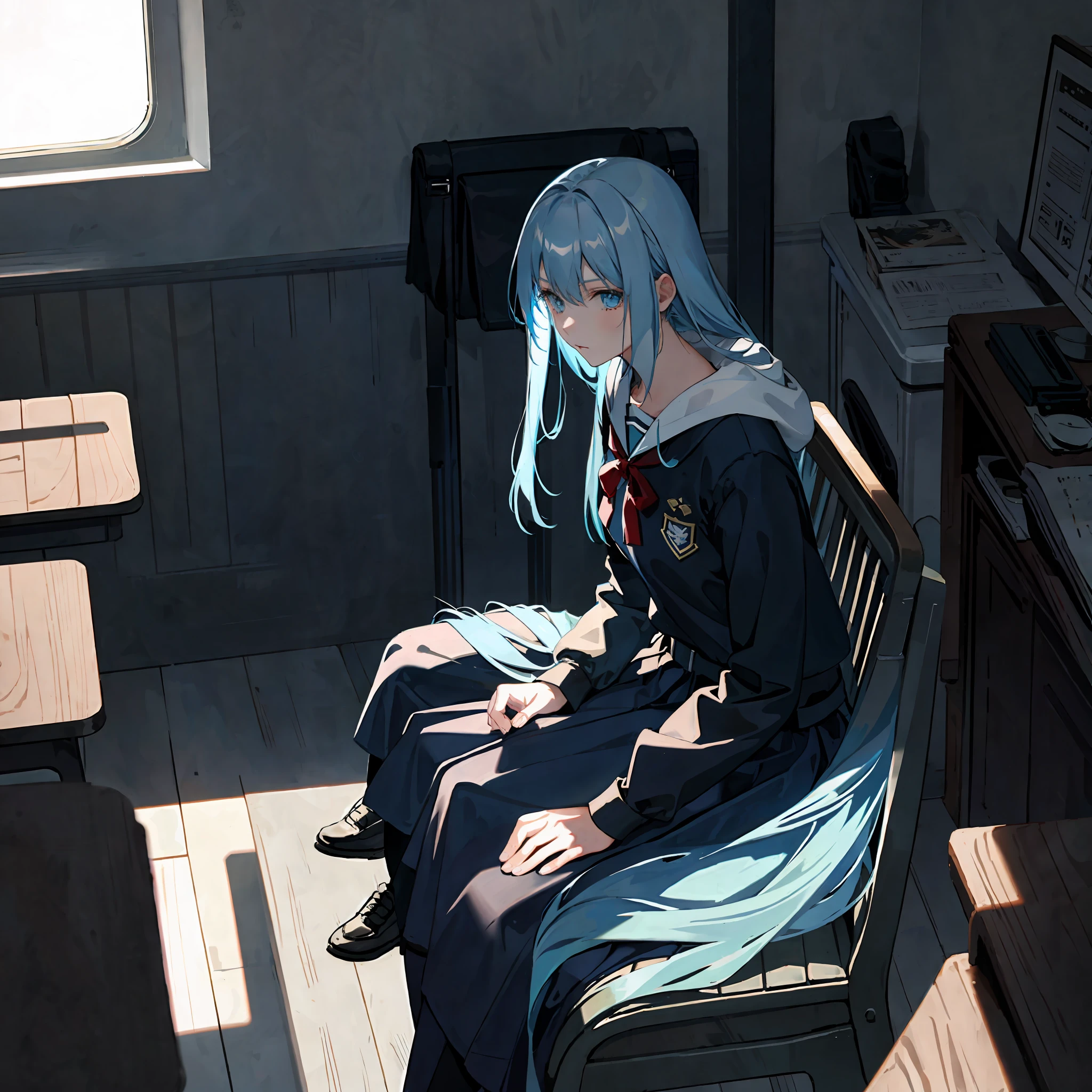 1girl, long light blue hair, dark blue, sit in class, black school modern uniform, anime