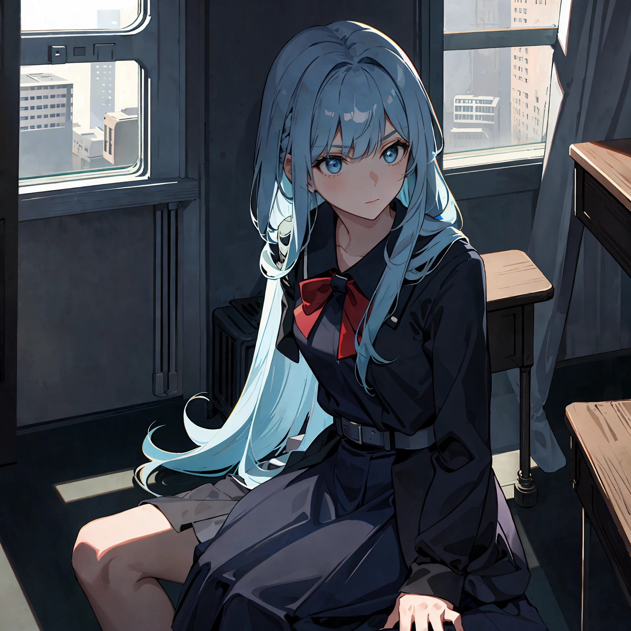 1girl, long light blue hair, dark blue, sit in class, black school modern uniform, anime