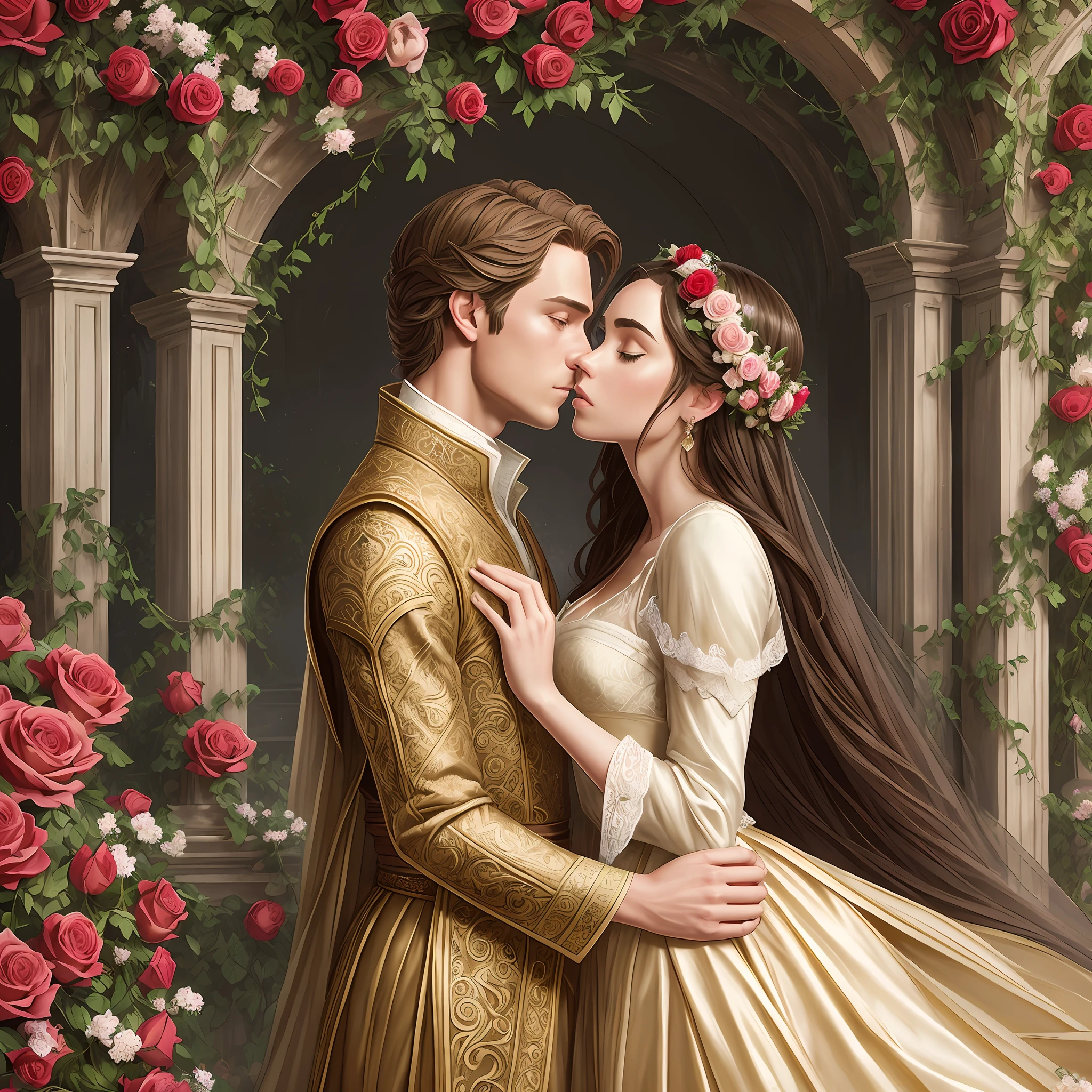 Couple Neels Visser is a prince who has golden blond hair, wears a medieval military outfit and is in love with the commoner Lily Collins, who has curly brunette black hair and wears a red dress, they kiss very affectionately, illustration of a romance book cover with a detailed, smooth, bright background filled with flowers covered in ivy and red roses, ornate gown standing in a bed of roses, rim light, dynamic lighting, etherial lighting, ultra detail, concept art, elegant, surreal, art by Lisa Aisato, Greg Hildebrandt, Citemer Liu, Stjepan Sejic, Samyang, Aykut Aydogdu, Justin Gerard, Alphonse Mucha, Artgerm, WLOP, and Greg Rutkowski