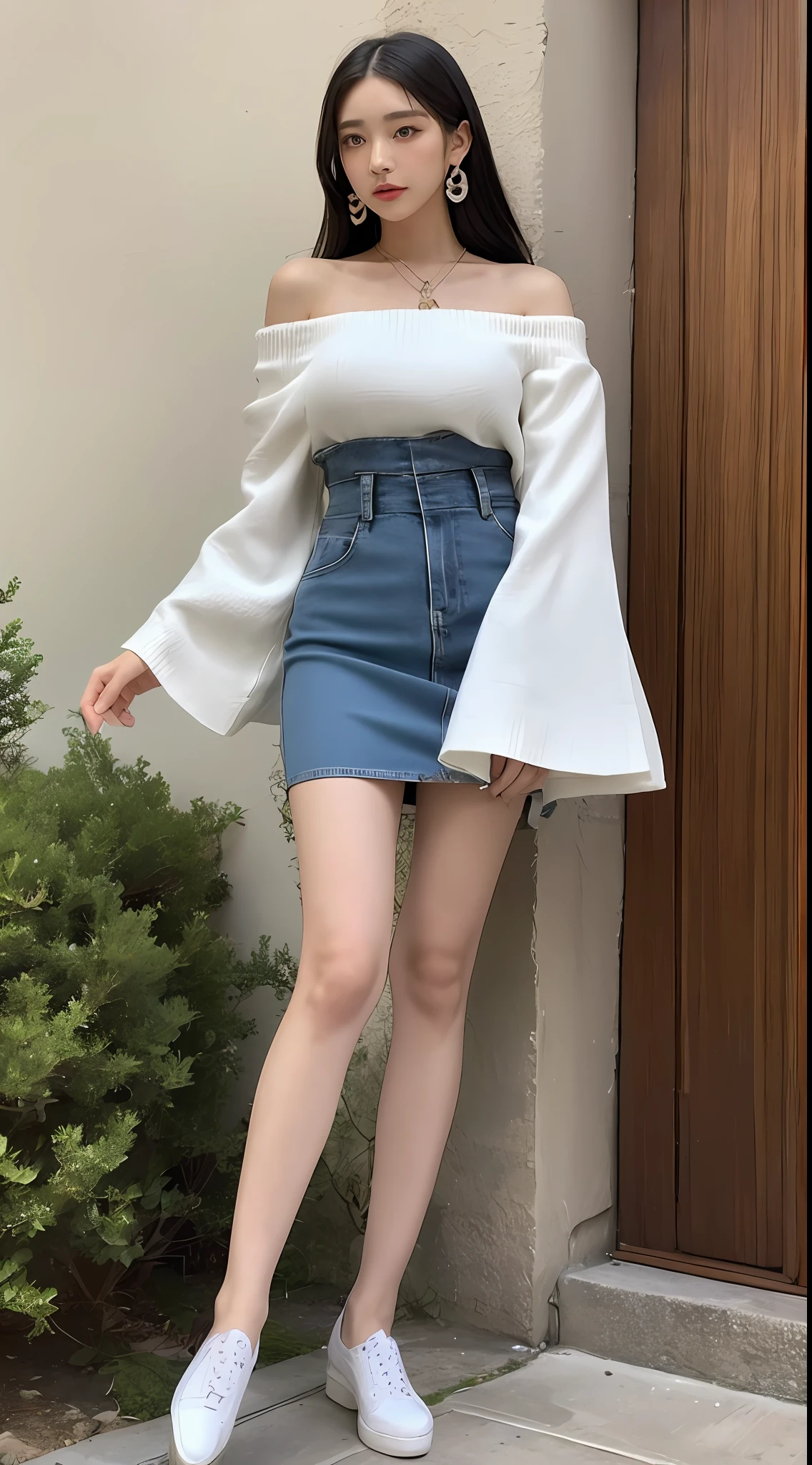 1 girl, height: 150 cm, focus, full body shot, clothing, did not appear in the world, (remember that it did not appear in the world), imagination space, clothing description: This is a set of long skirts and short tops, using light, breathable, skin-friendly fabrics, the overall presents a noble, elegant, generous, gentle, foreign feeling. The skirt is just over the knee and shows off the curves of a woman's figure and slender legs. The top adopts a design with bare shoulders and loose sleeves, making women's shoulder and neck lines look more beautiful and attractive. In addition, some hot girl elements are added, such as cutouts and tassels of details, reflecting the fashion sense and trend sense of Sichuan women. Finally, the outfit also comes in fresh and cool colors, making it perfect for wearing on hot summer days. Material description: The fabric is made of high-quality linen and cotton blended fabric, which has the characteristics of lightness, breathability and skin-friendly, and also has a good texture and feel. Material description: In addition to the linen and cotton blend, it also adopts a delicate tassel and cutout design, and the material is very exquisite. Description of workmanship: The whole set of clothing is finely cut and sewn, with smooth and natural lines and a high texture. Detailed description: the length of the skirt is just right, which can show the curves of women's bodies and slender legs; The off-the-shoulder design and loose sleeves of the top can highlight the elegance and femininity of women. In addition, the details adopt tassels and openwork designs, which increase the fashion sense of clothing, and can also reflect the unique charm of Sichuan women, 8K --AR 9:16 --Q 2 --S 750 --V 5.1