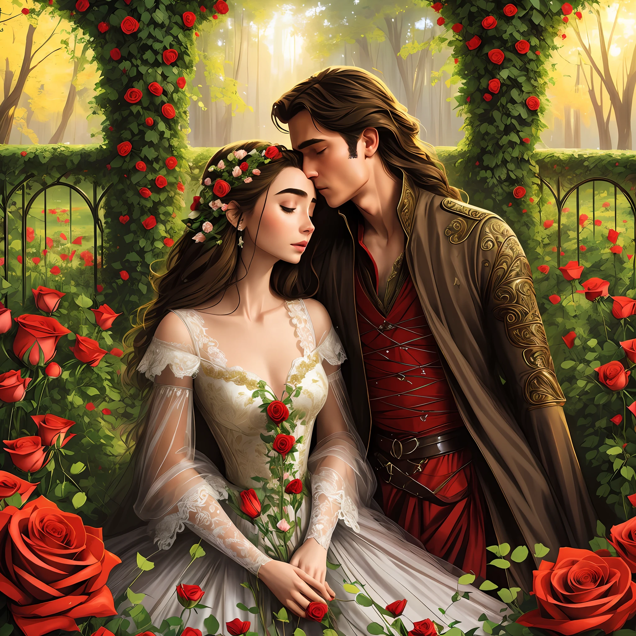 Couple Neels Visser is a prince who has golden blond hair, wears a medieval military outfit and is in love with the commoner Lily Collins, who has curly brunette black hair and wears a red dress, they kiss very affectionately, illustration of a romance book cover with a detailed, smooth, bright background filled with flowers covered in ivy and red roses, ornate gown standing in a bed of roses, rim light, dynamic lighting, etherial lighting, ultra detail, concept art, elegant, surreal, art by Lisa Aisato, Greg Hildebrandt, Citemer Liu, Stjepan Sejic, Samyang, Aykut Aydogdu, Justin Gerard, Alphonse Mucha, Artgerm, WLOP, and Greg Rutkowski